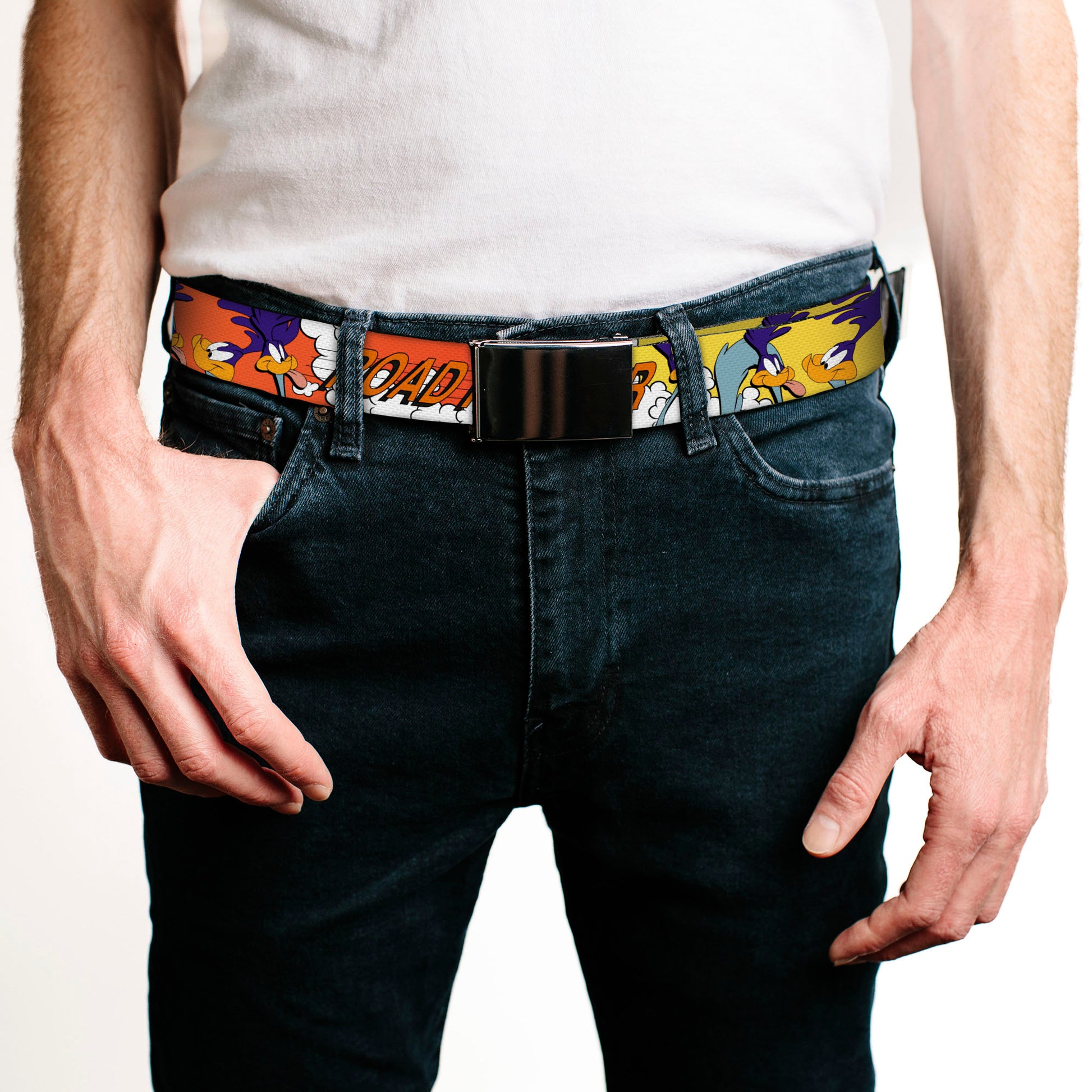 Web Belt Blank Black Buckle - ROAD RUNNER w/Road Runner Poses Orange Webbing Web Belts Looney Tunes   