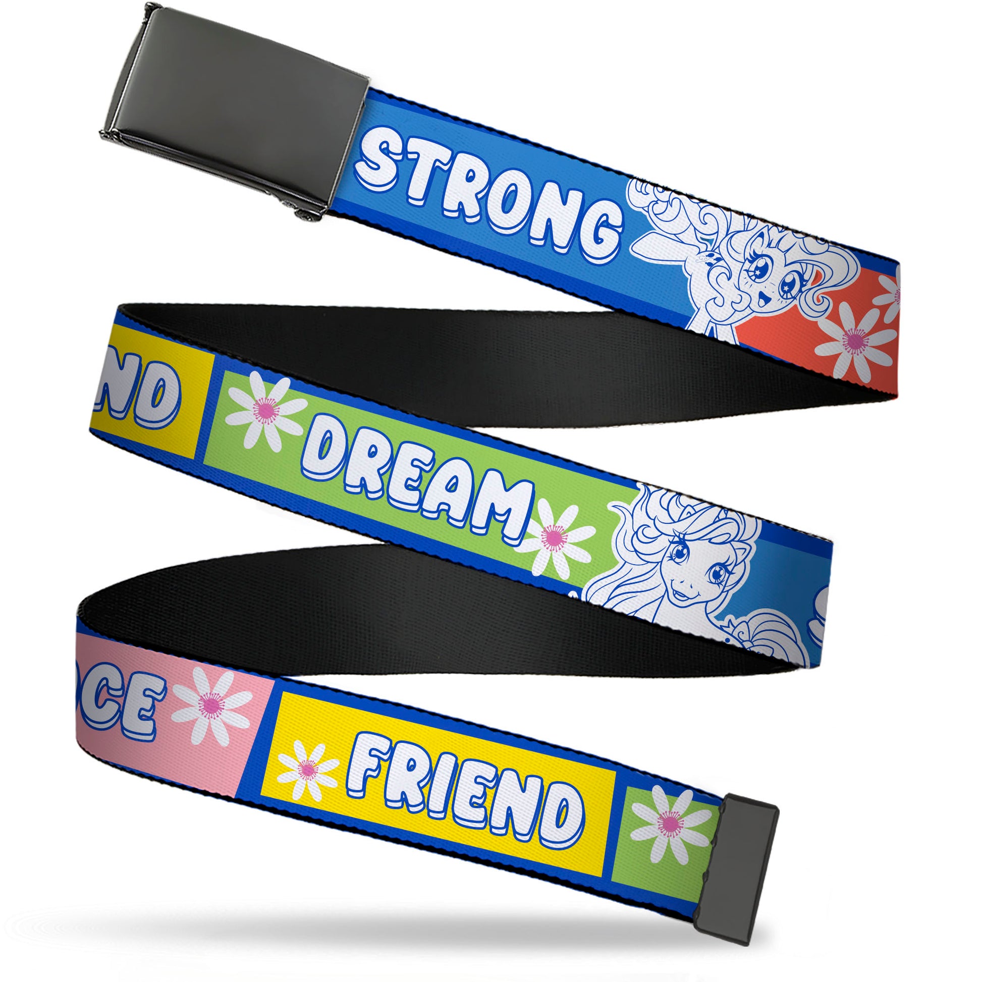 Web Belt Blank Black Buckle - MY LITTLE PONY Three Ponies Trait Text Blocks Blue/Multi Color Webbing Web Belts My Little Pony