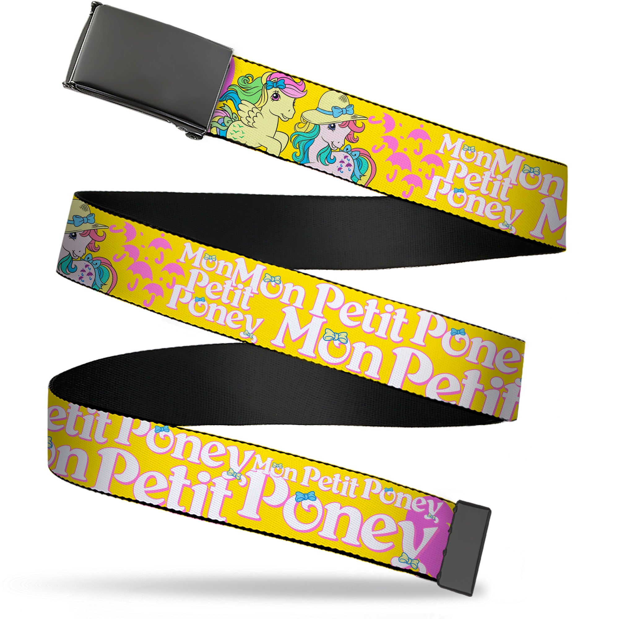 Web Belt Blank Black Buckle - MON PETIT PONEY Two Ponies and Cutie Marks Collage Yellow/Pink Webbing Web Belts My Little Pony
