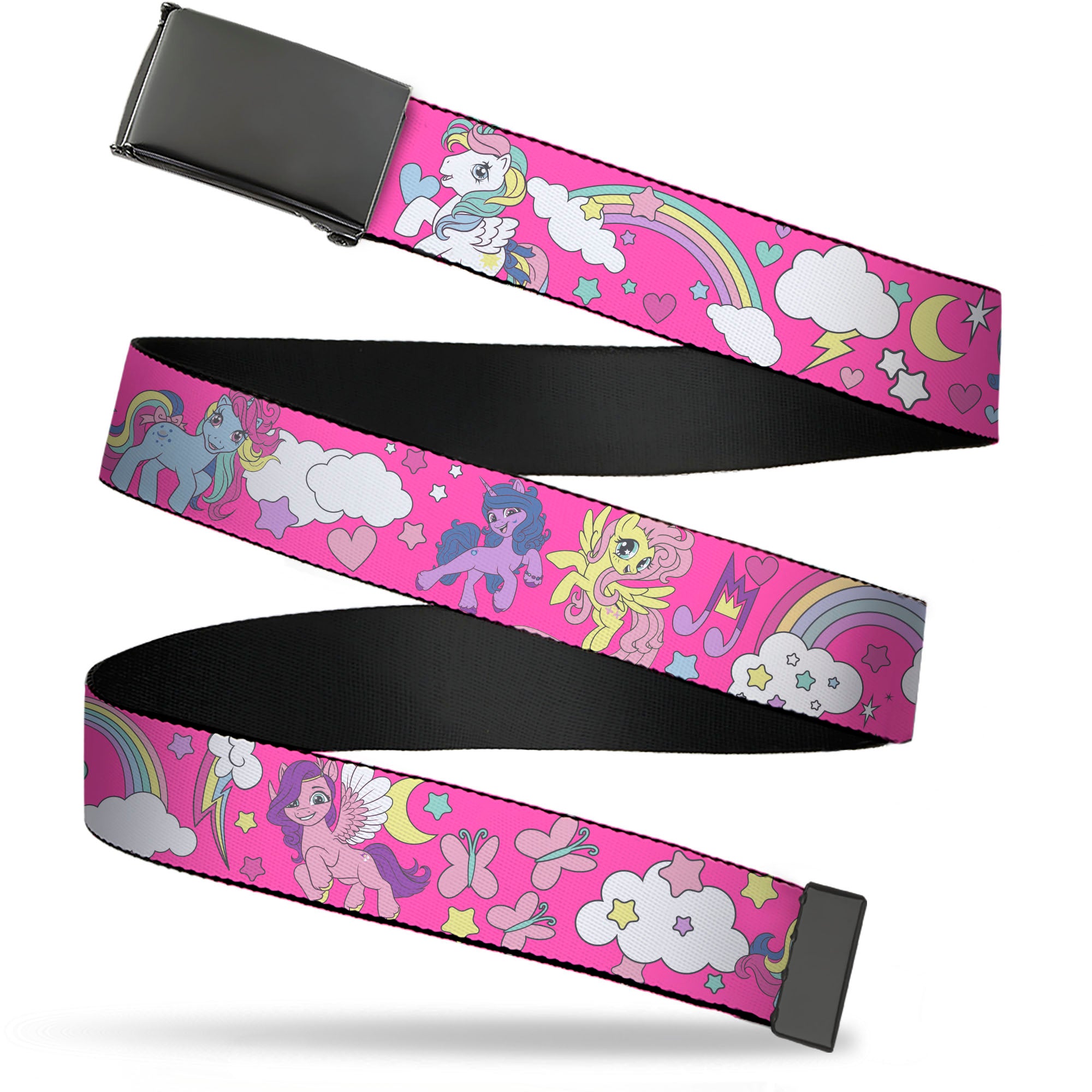 Web Belt Blank Black Buckle - My Little Pony Four Ponies and Cutie Marks Collage Pink/Multi Color Webbing Web Belts My Little Pony