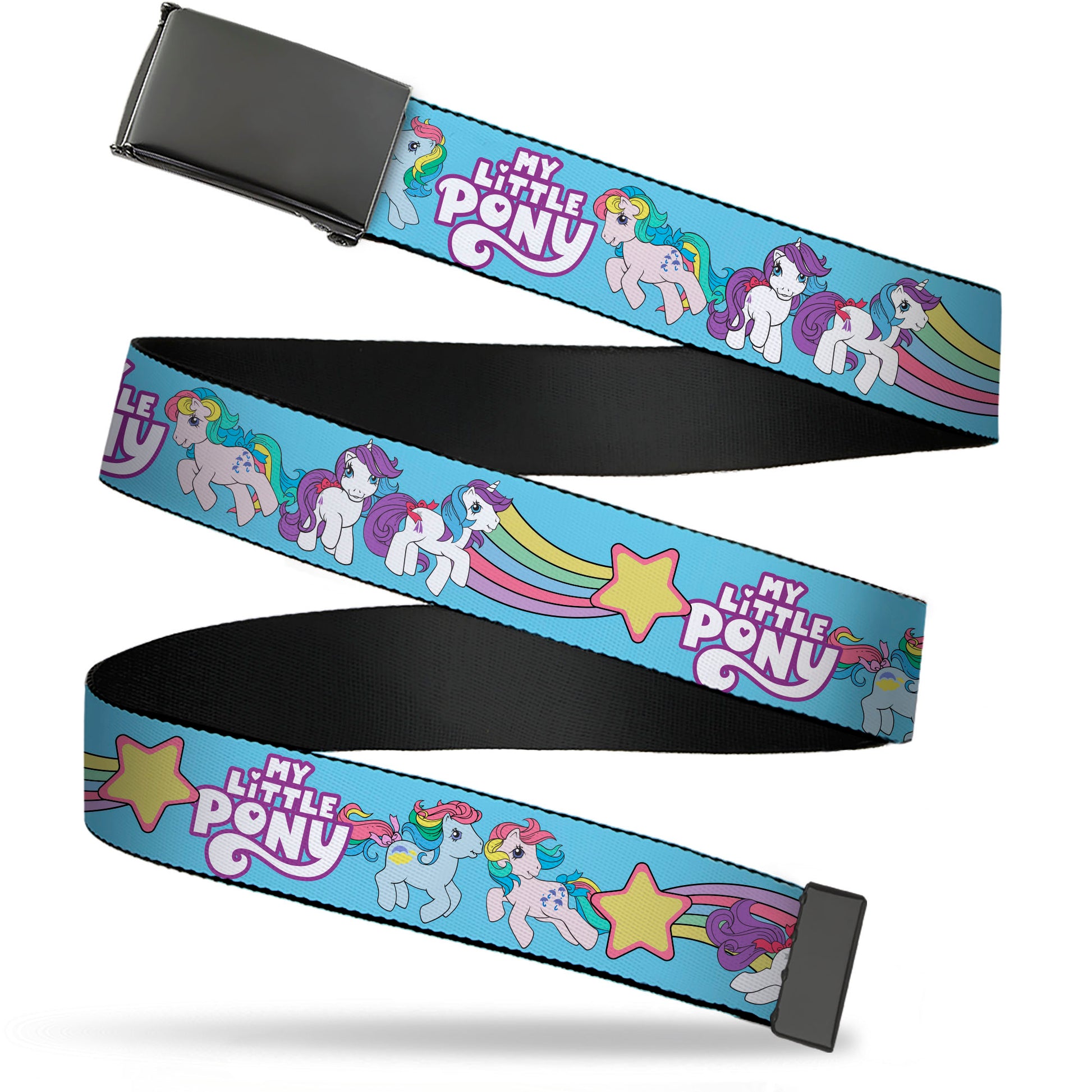 Web Belt Blank Black Buckle - MY LITTLE PONY Three Pony Rainbow Poses and Title Logo Blue/Multi Color Webbing Web Belts My Little Pony