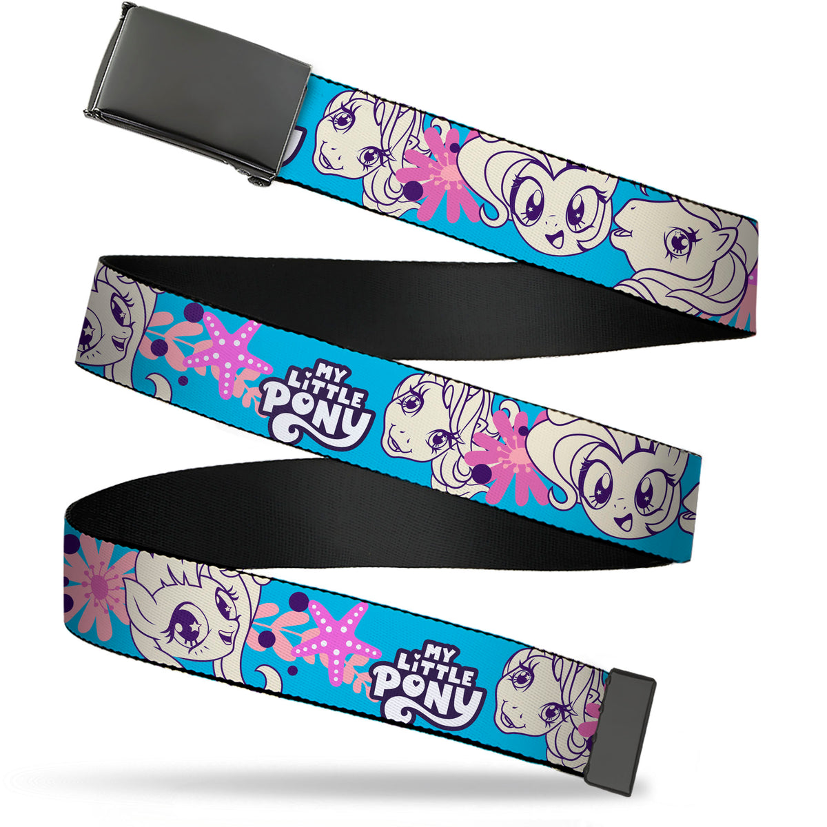 Web Belt Blank Black Buckle - MY LITTLE PONY Pony Faces Flowers and Title Logo Blue/Pinks/White Webbing