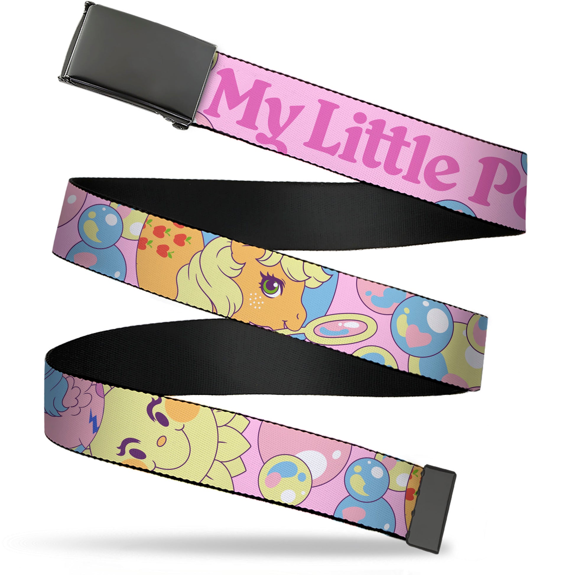 Web Belt Blank Black Buckle - MY LITTLE PONY Two Pony Sunshine Bubbles and Title Logo Pink/Multi Color Webbing Web Belts My Little Pony