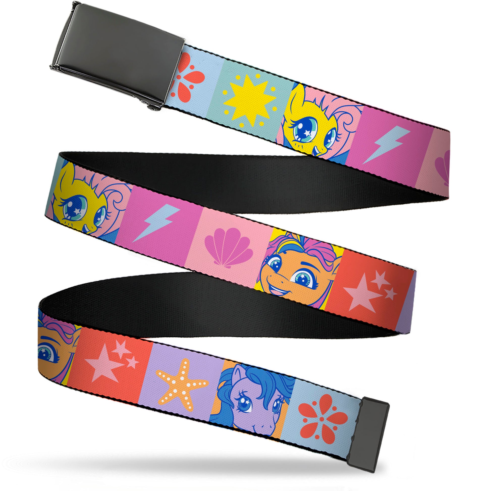 Web Belt Blank Black Buckle - My Little Pony Faces and Cutie Mark Blocks Multi Color Webbing Web Belts My Little Pony