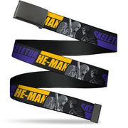Web Belt Blank Black Buckle - HE-MAN and SKELETOR Face Off Pose and Text Black/Grays/Blue/Yellow Webbing Web Belts Masters of the Universe