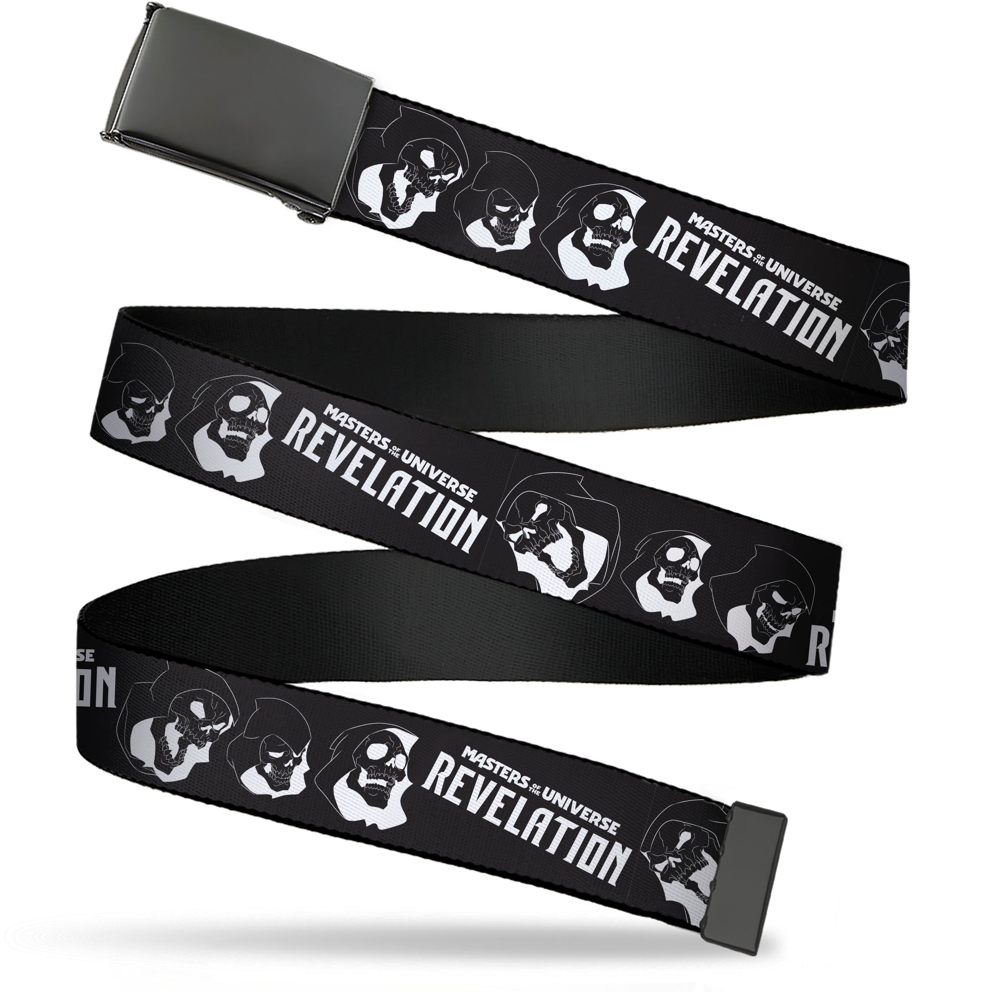 Web Belt Blank Black Buckle - MASTERS OF THE UNIVERSE REVELATION Title Logo and Skeletor Expressions Black/White Webbing Web Belts Masters of the Universe