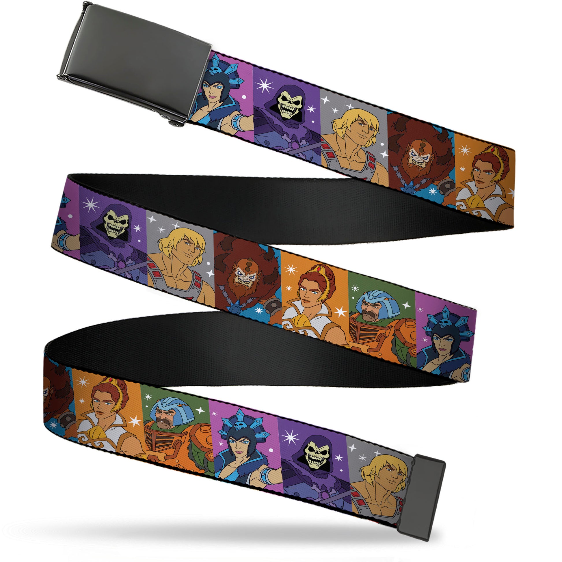 Web Belt Blank Black Buckle - Masters of the Universe Character Block Stripe Poses Multi Color Webbing Web Belts Masters of the Universe
