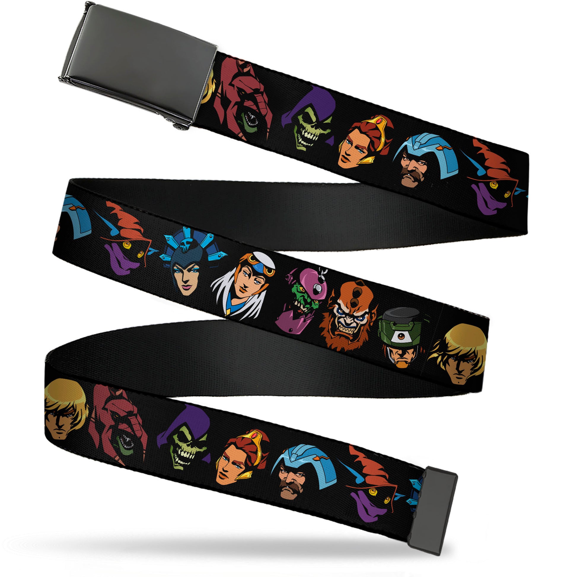 Web Belt Blank Black Buckle - Masters of the Universe Eleven Character Faces Black Webbing Web Belts Masters of the Universe