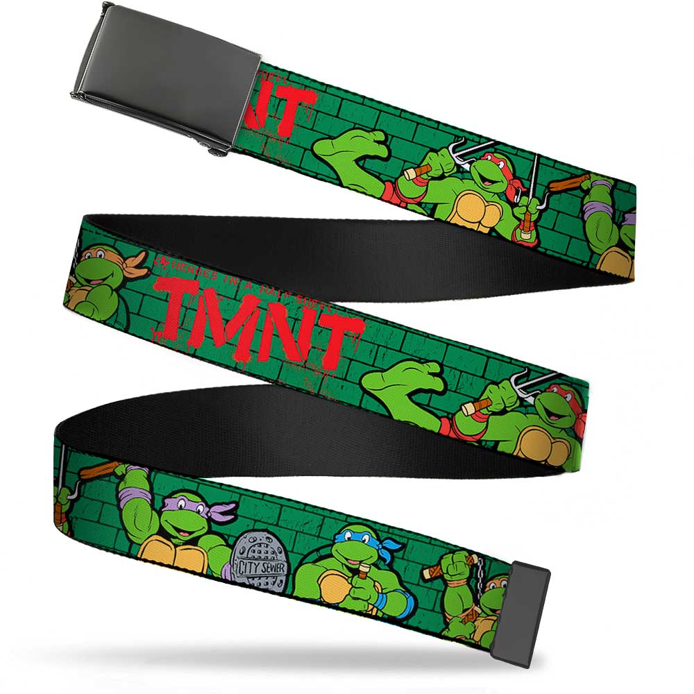 Black Buckle Web Belt - Classic Teenage Mutant Ninja Turtles Group Pose2/TMNT Green Brick Wall Webbing Web Belts Teenage Mutant Ninja Turtles