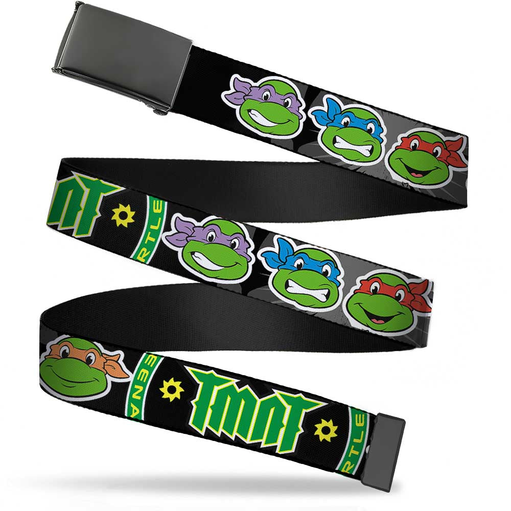 Black Buckle Web Belt - Classic Teenage Mutant Ninja Turtles Group Faces/TMNT/Ninja Star Black/Green Webbing Web Belts Teenage Mutant Ninja Turtles
