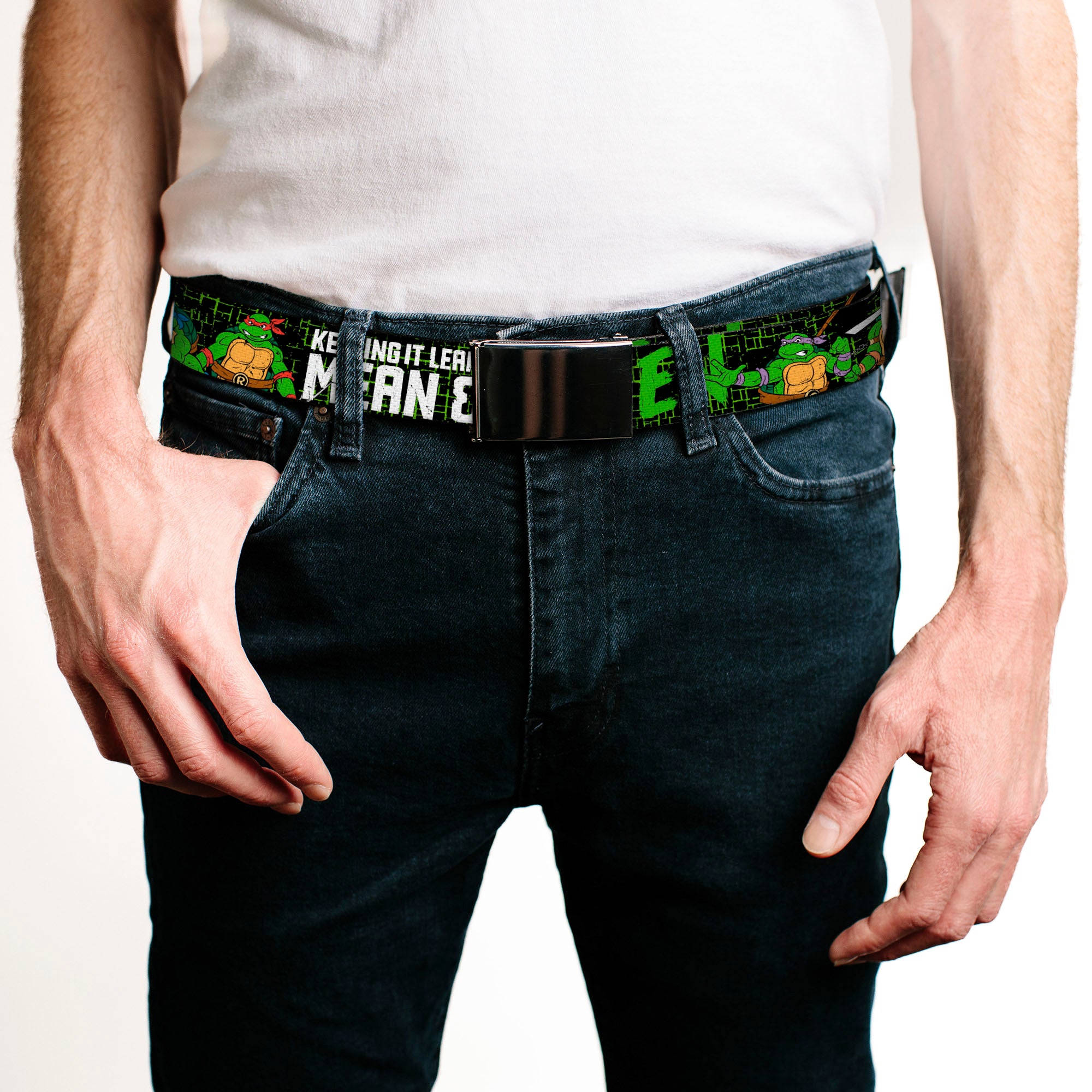 Black Buckle Web Belt - Classic TMNT Group Pose6/KEEPING IT LEAN, MEAN & GREEN Black/Green/White Webbing Web Belts Teenage Mutant Ninja Turtles