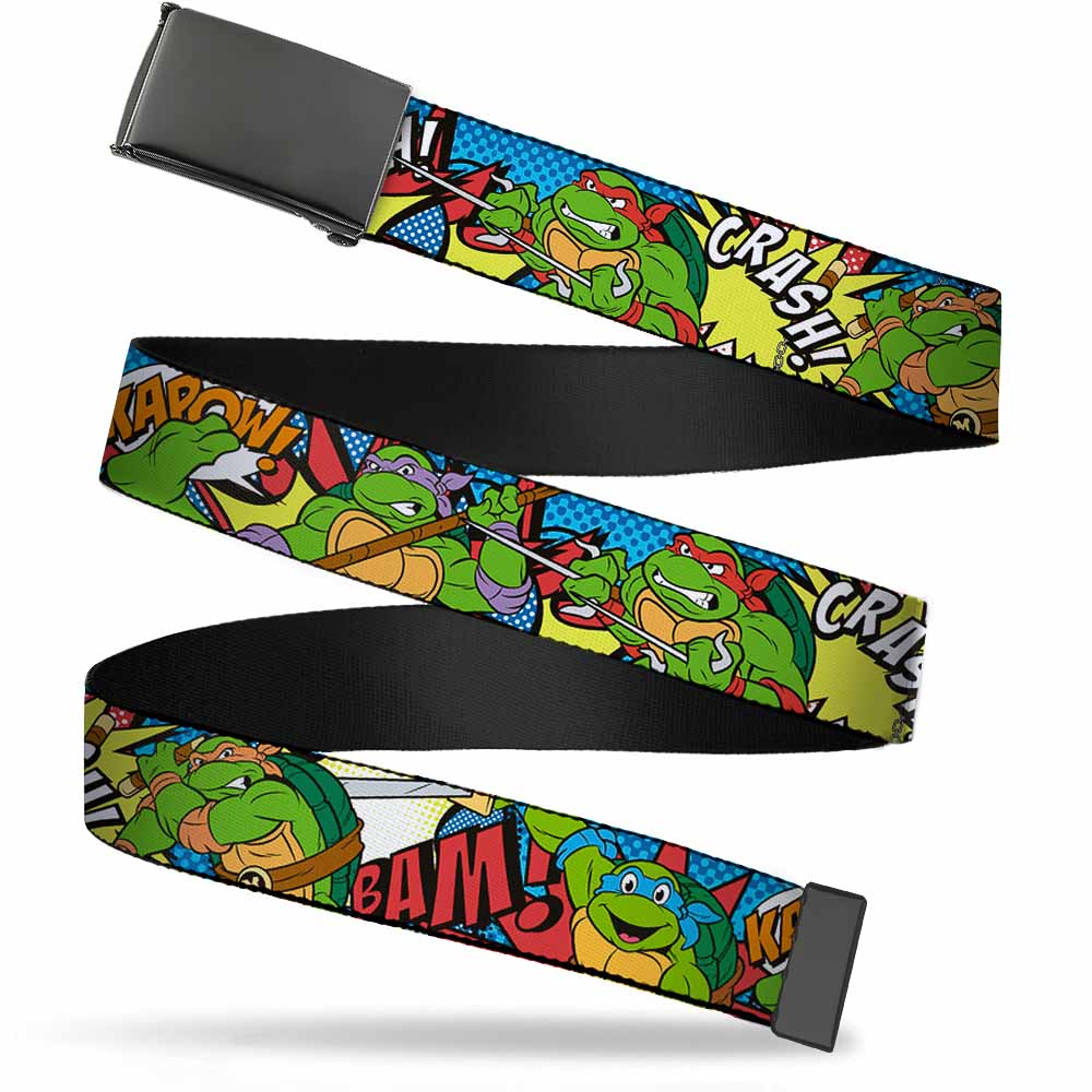 Web Belt Blank Black Buckle - Classic Teenage Mutant Ninja Turtles Action Poses/Action Bubbles Dots Blues Webbing Web Belts Nickelodeon   
