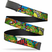 Web Belt Blank Black Buckle - Classic Teenage Mutant Ninja Turtles Action Poses/Action Bubbles Dots Blues Webbing Web Belts Teenage Mutant Ninja Turtles