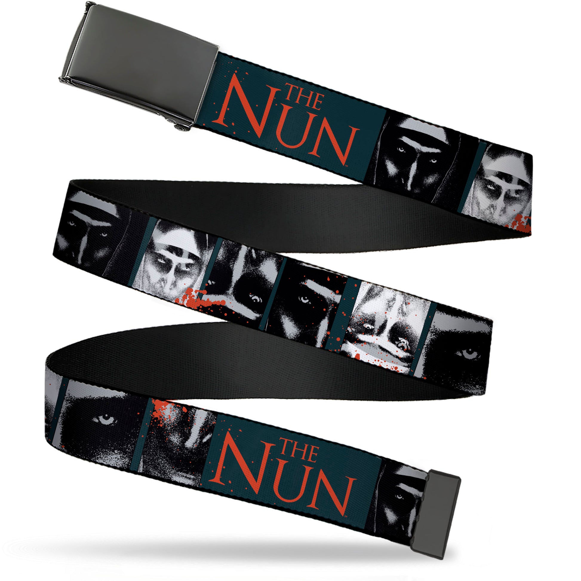 Web Belt Blank Black Buckle - THE NUN Demon Nun Valak Pose Blocks and Title Logo Blue/Red/White Webbing Web Belts The Nun