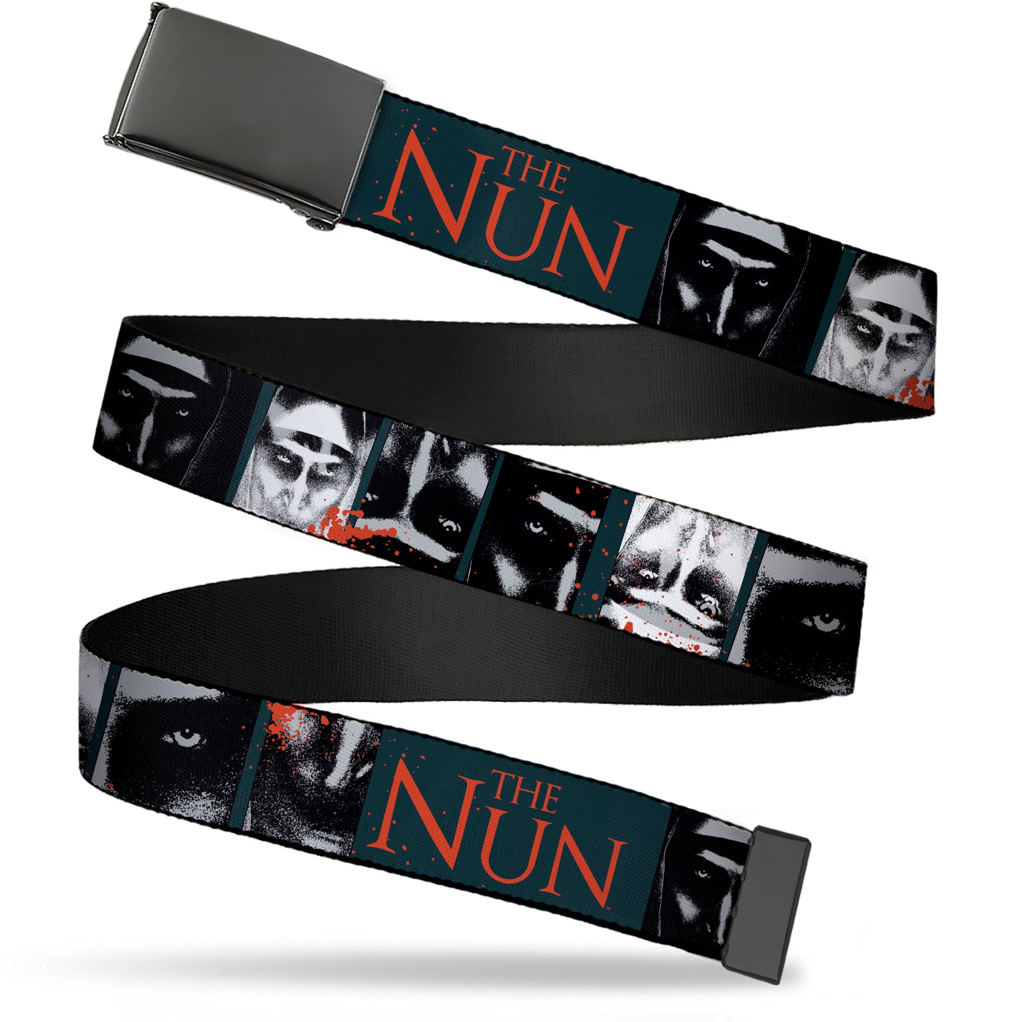 Web Belt Blank Black Buckle - THE NUN Demon Nun Valak Pose Blocks and Title Logo Blue/Red/White Webbing Web Belts The Nun