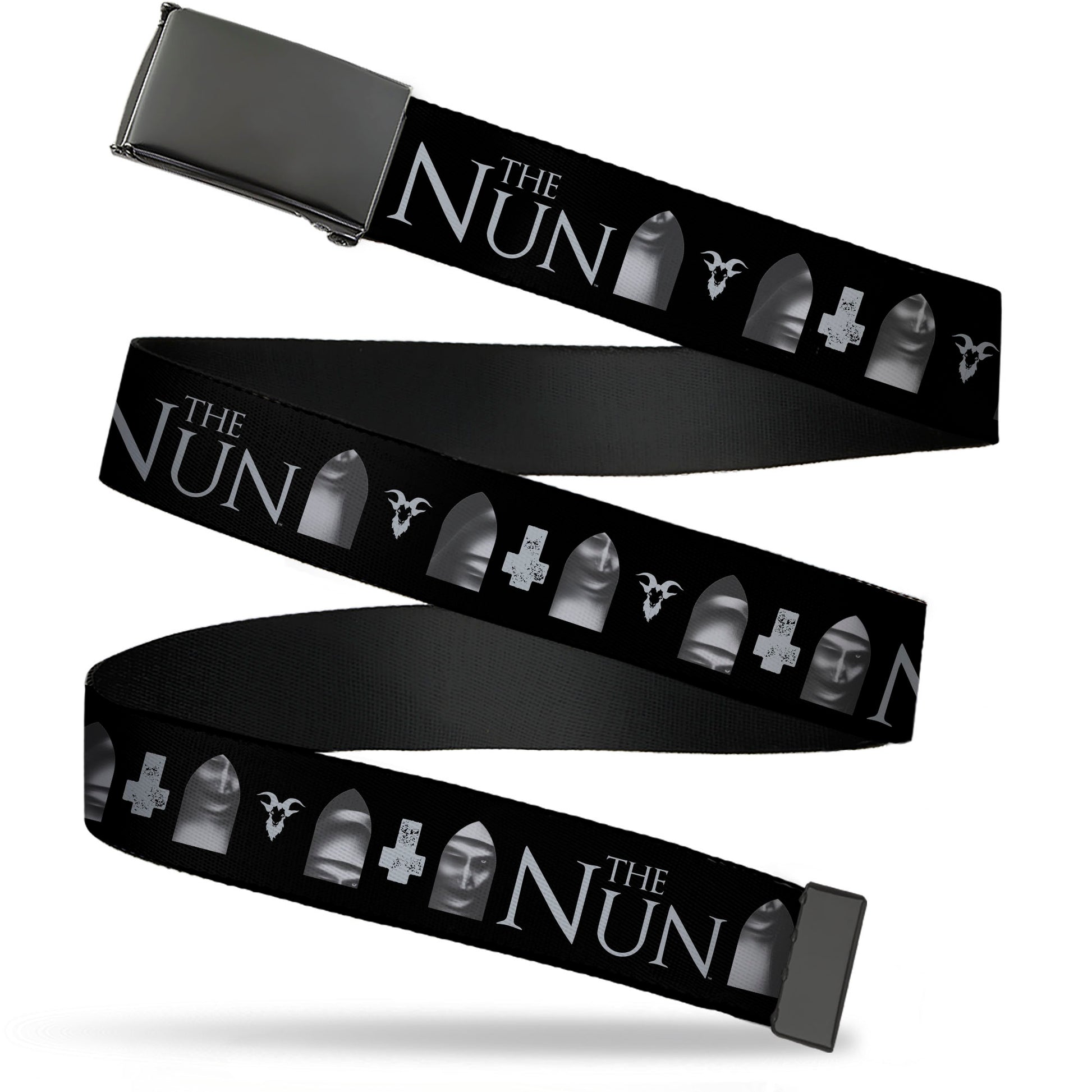 Web Belt Blank Black Buckle - THE NUN Demon Nun Valak Face with Icons and Title Logo Black/Grays Webbing Web Belts The Nun