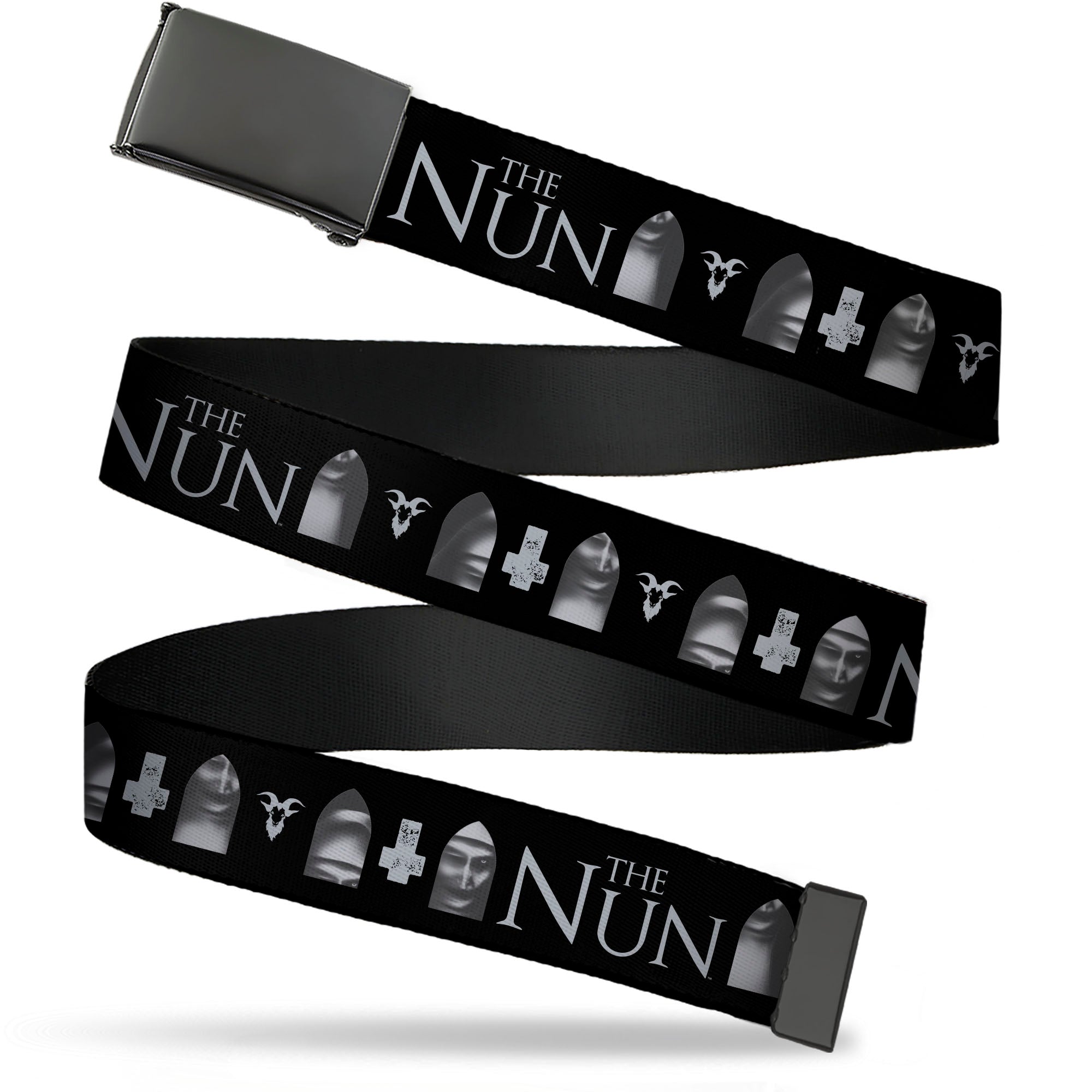 Web Belt Blank Black Buckle - THE NUN Demon Nun Valak Face with Icons and Title Logo Black/Grays Webbing Web Belts The Nun