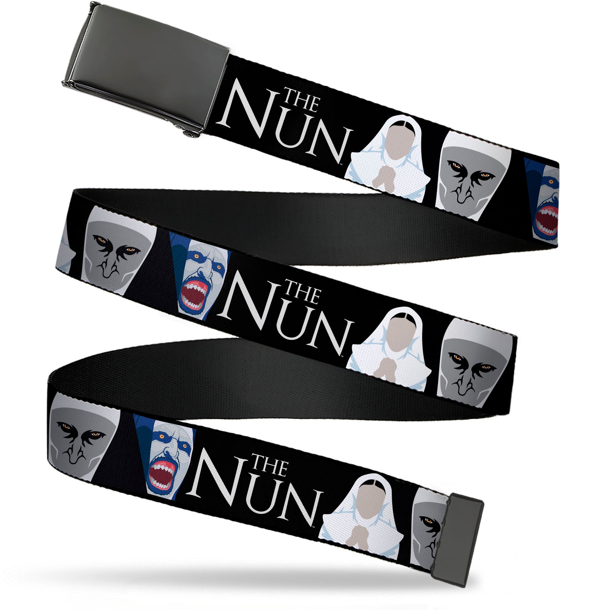 Web Belt Blank Black Buckle - THE NUN Sister Irene and Demon Nun Valak Icons with Title Logo Black/White Webbing Web Belts The Nun
