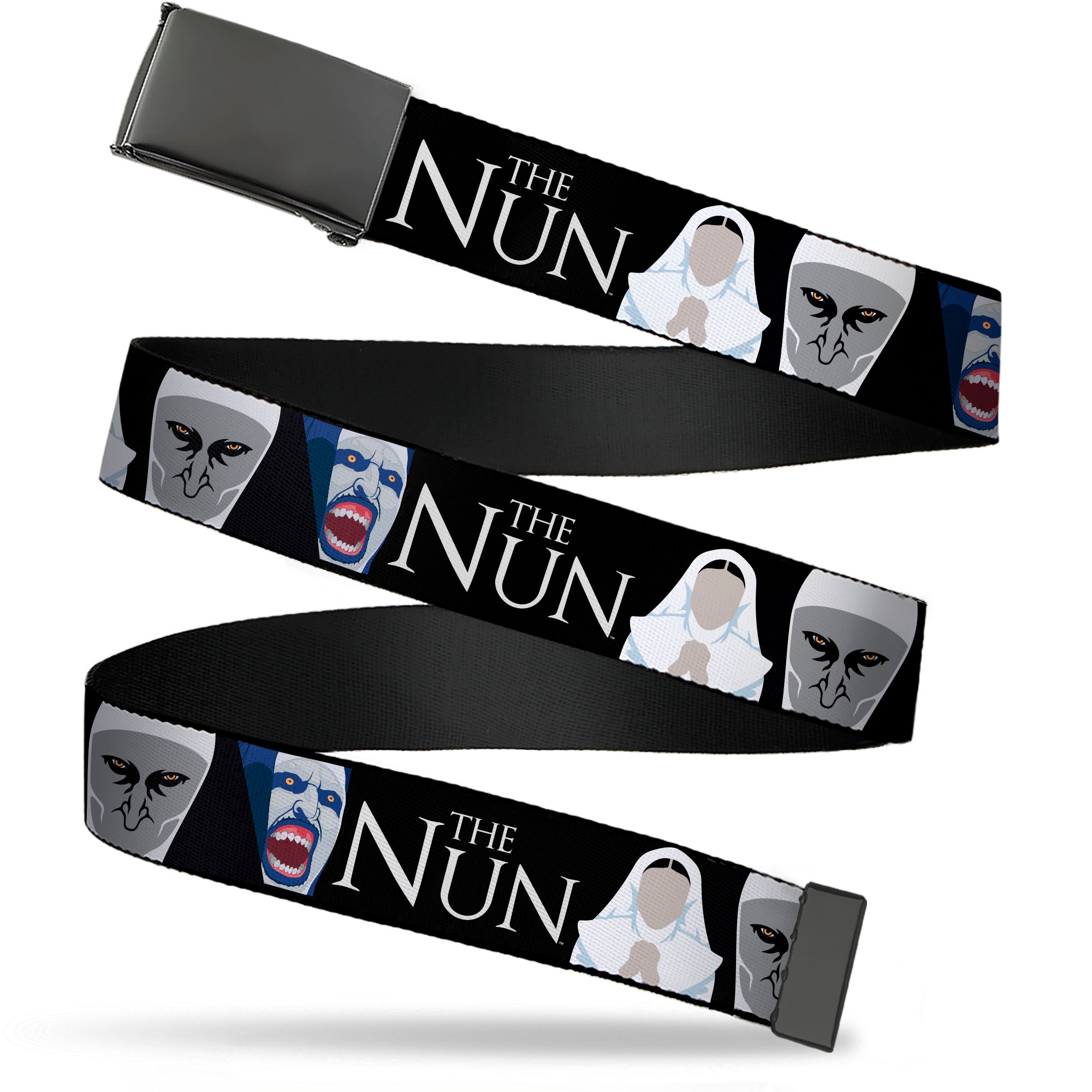 Web Belt Blank Black Buckle - THE NUN Sister Irene and Demon Nun Valak Icons with Title Logo Black/White Webbing Web Belts The Nun