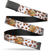 Web Belt Blank Black Buckle - Cocoa Pebbles Fred Flintstone and Barney Rubble Hugging Pose and Cereal Pebbles Scattered White/Browns Webbing Web Belts The Flintstones   