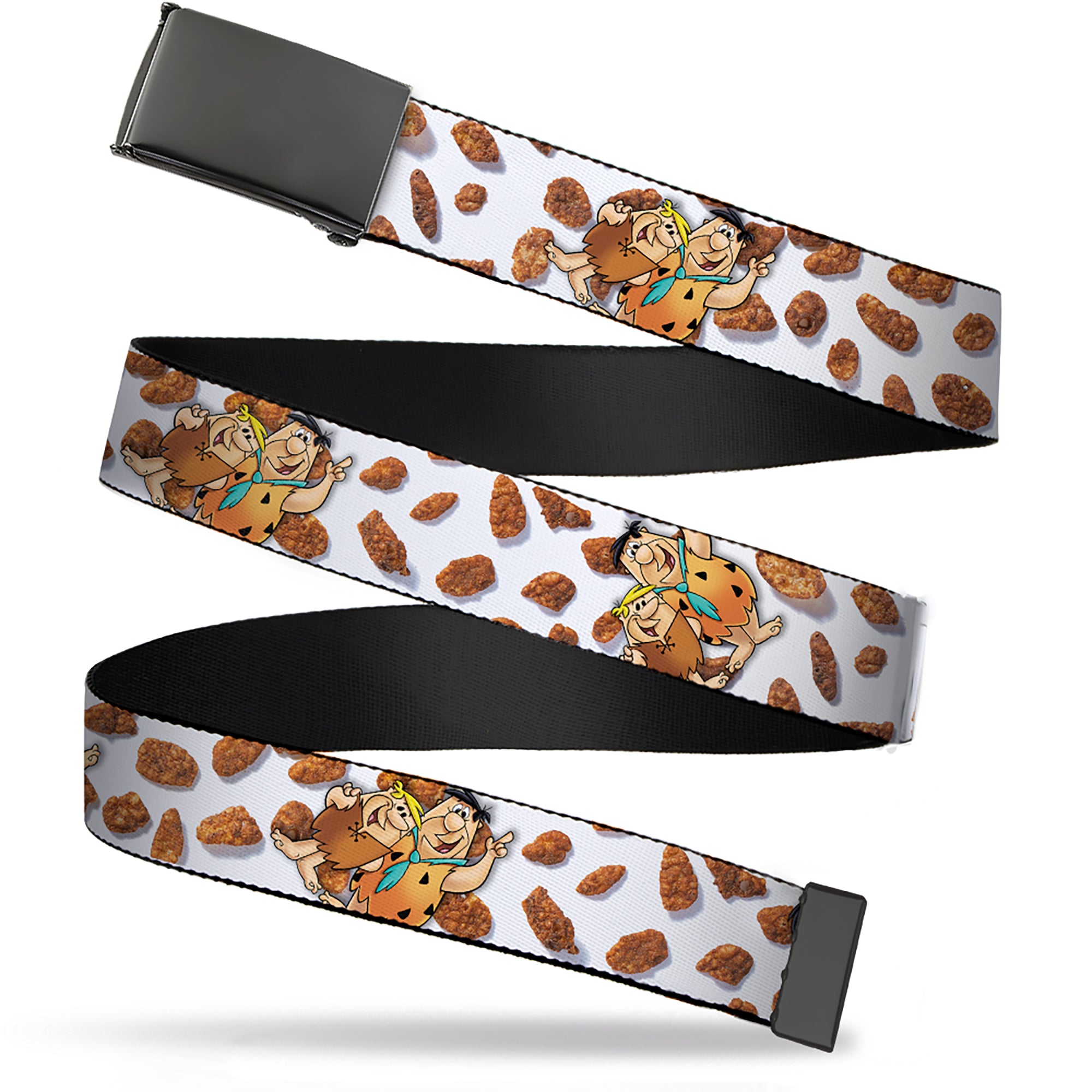 Web Belt Blank Black Buckle - Cocoa Pebbles Fred Flintstone and Barney Rubble Hugging Pose and Cereal Pebbles Scattered White/Browns Webbing Web Belts The Flintstones   