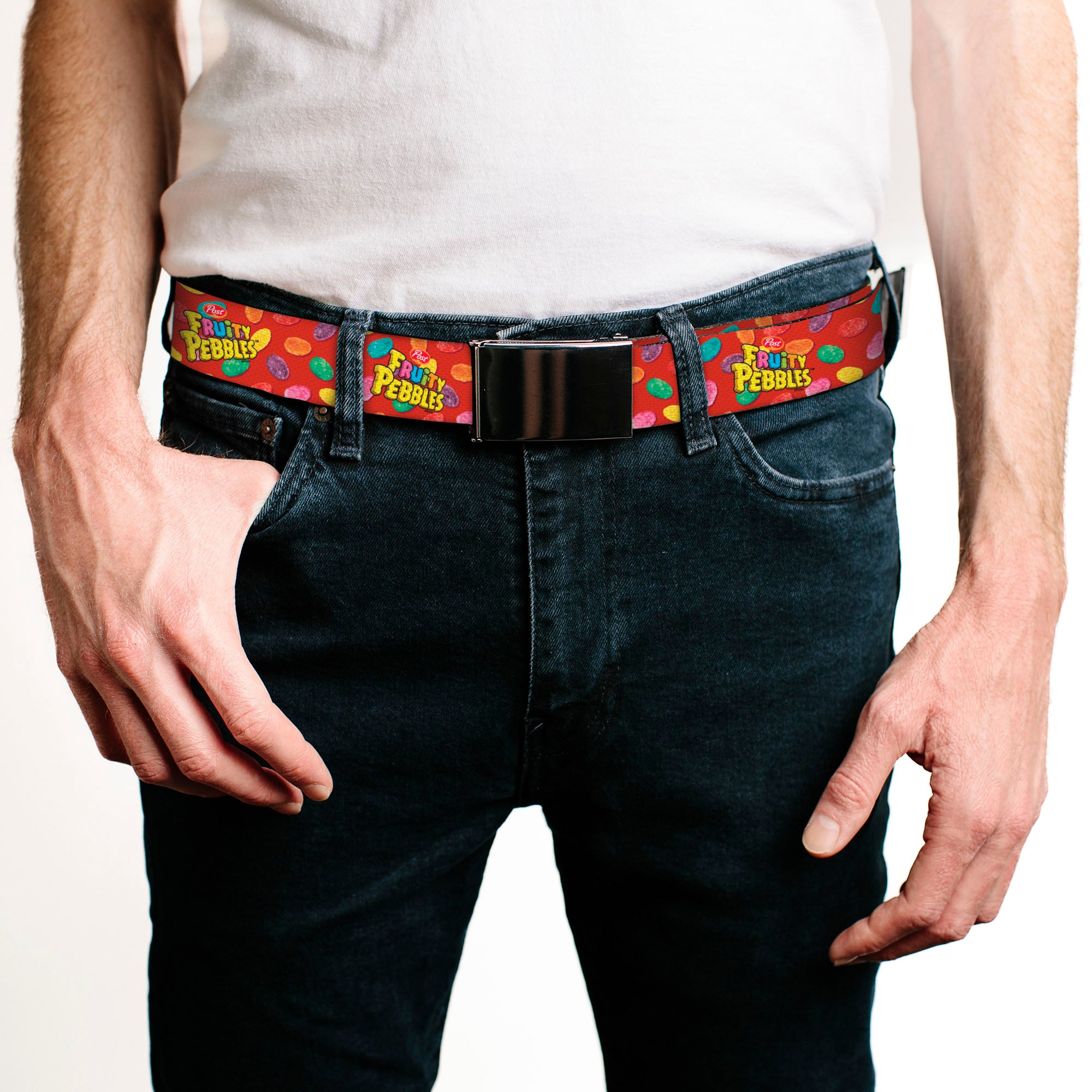 Web Belt Blank Black Buckle - POST FRUITY PEBBLES Logo and Cereal Pebbles Scattered Red/Multi Color Webbing Web Belts The Flintstones   