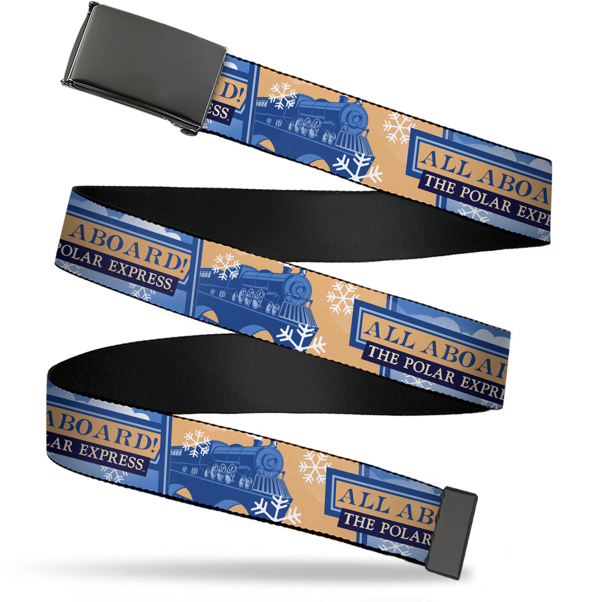 Web Belt Blank Black Buckle - ALL ABOARD THE POLAR EXPRESS Text and Train Yellows/Blues Webbing Web Belts The Polar Express