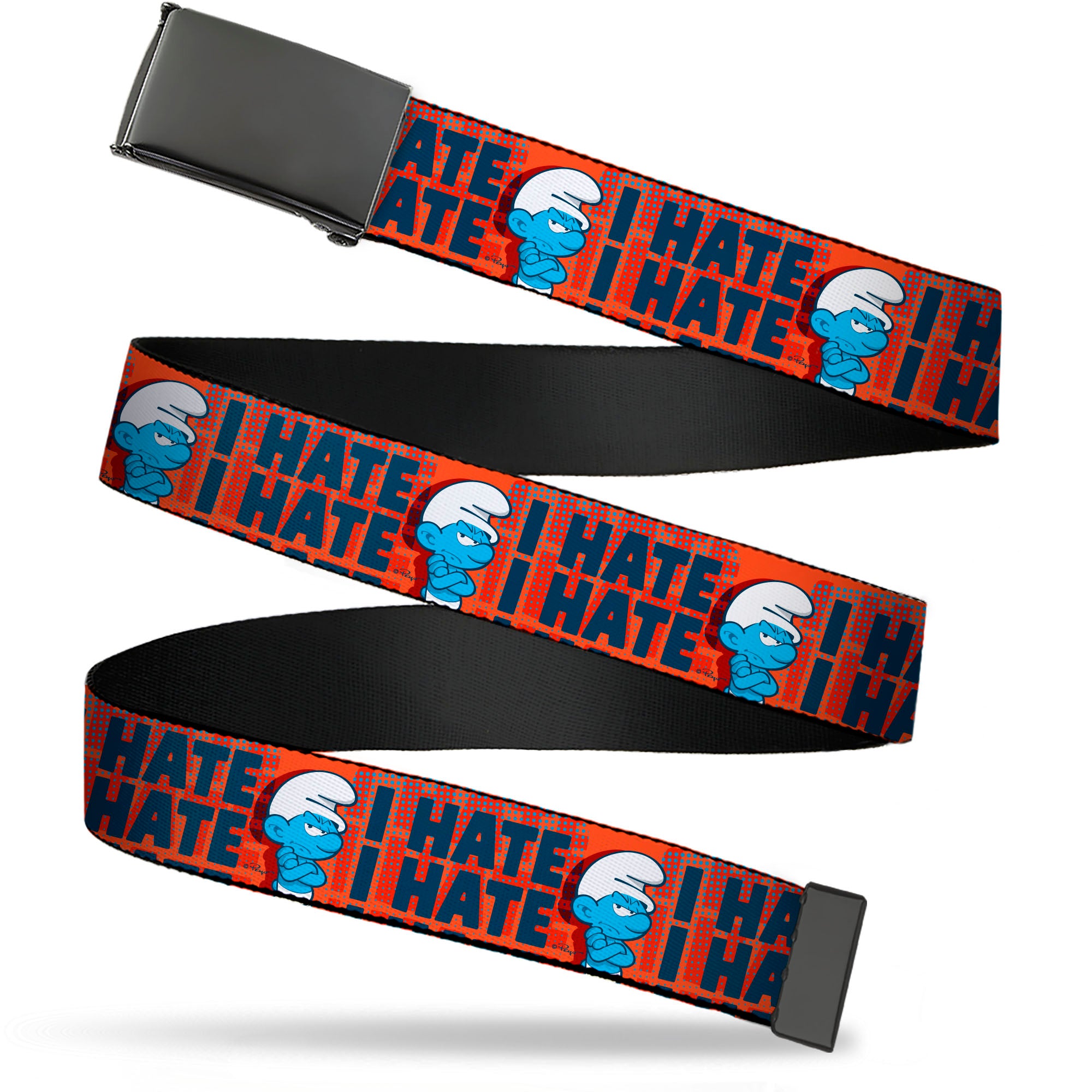 Web Belt Blank Black Buckle - Grumpy Smurf I HATE I HATE Arms Crossed Pose Red/Blue Webbing Web Belts The Smurfs