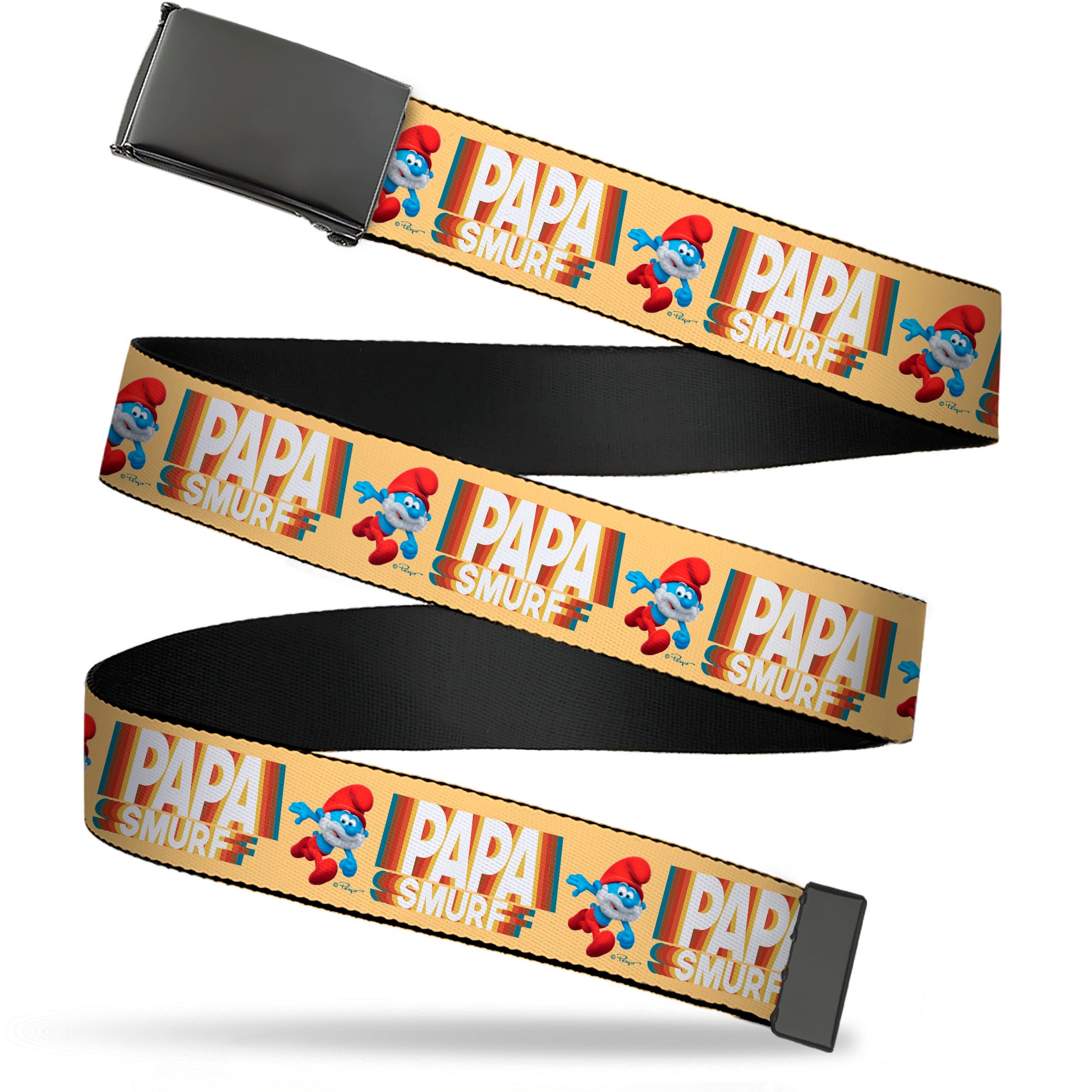Web Belt Blank Black Buckle - PAPA SMURF Running Pose and Text Beige/Multi Color Webbing Web Belts The Smurfs