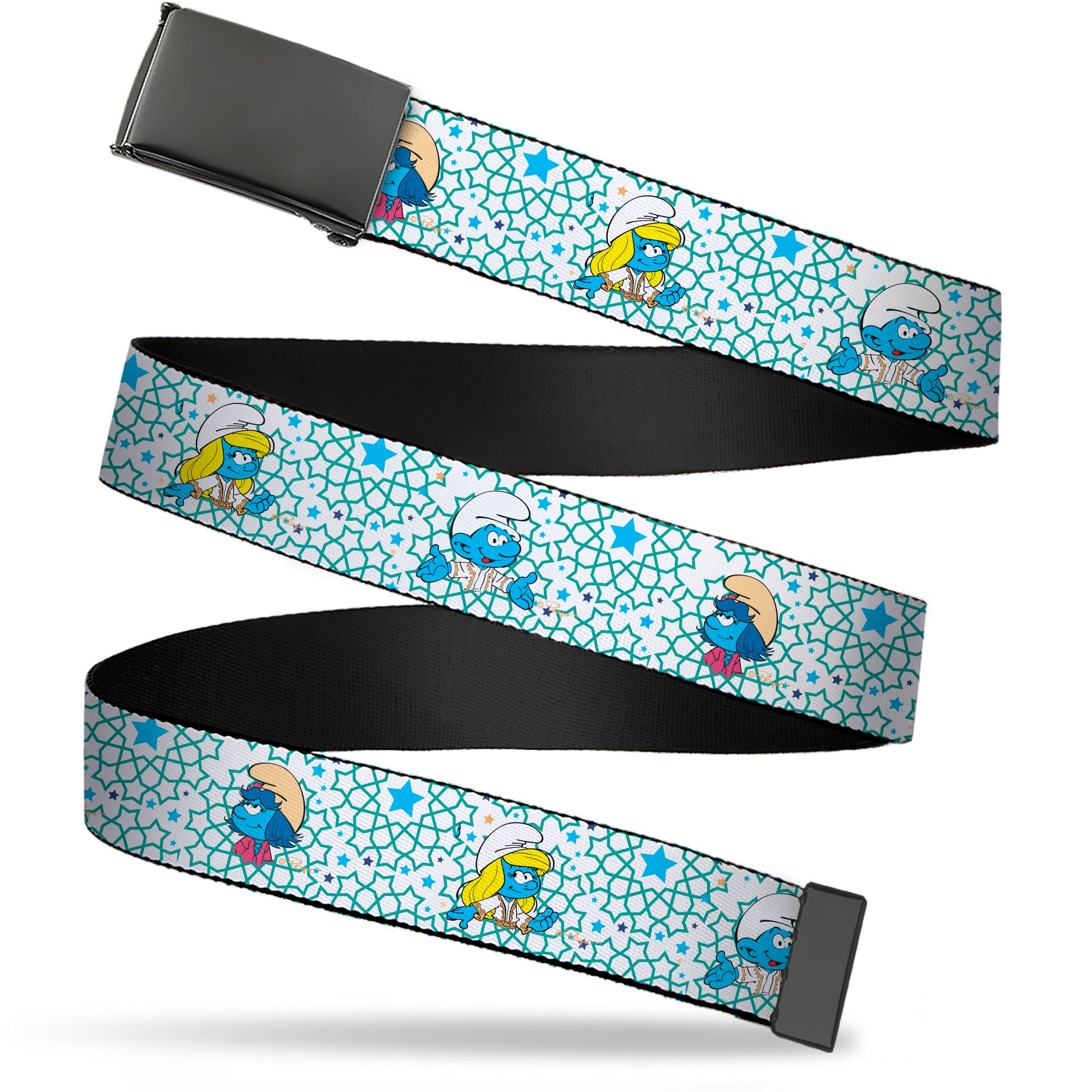 Web Belt Blank Black Buckle - The Smurfs Three Character Pose and Stars White/Blues Webbing Web Belts The Smurfs