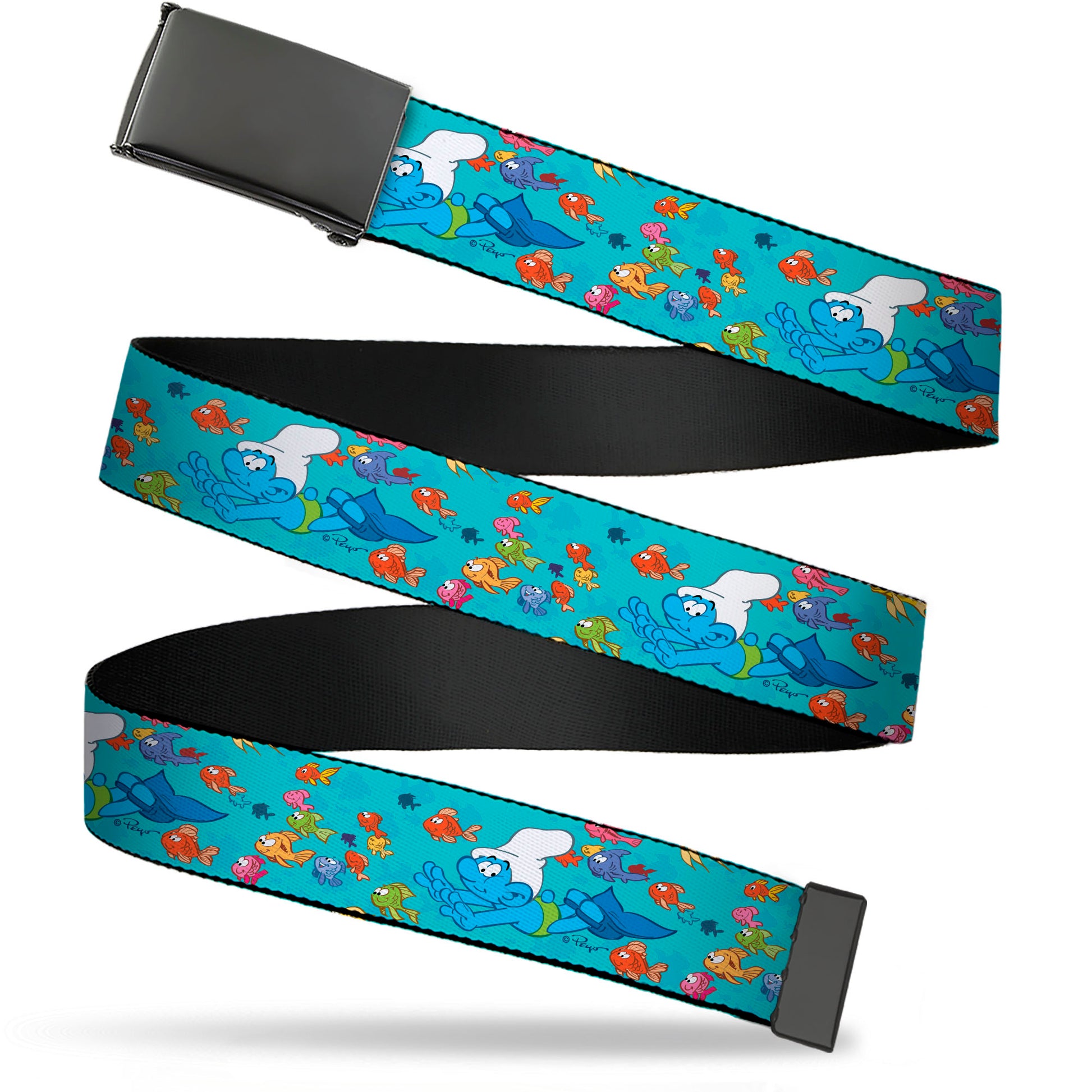 Web Belt Blank Black Buckle - The Smurfs Swimming with Fish Blue/Multi Color Webbing Web Belts The Smurfs