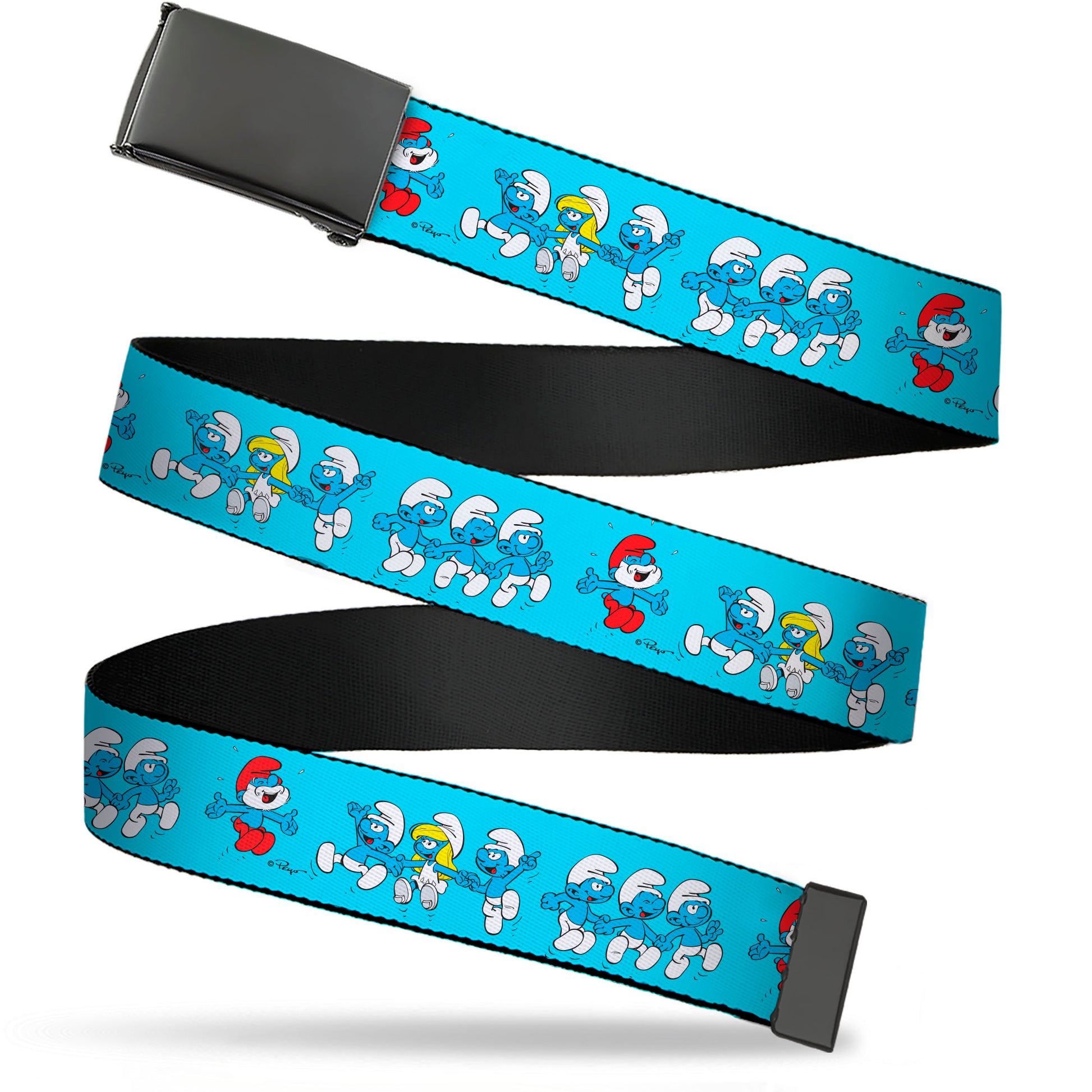 Web Belt Blank Black Buckle - The Smurfs Seven Character Group Holding Hands Jumping Blue Webbing Web Belts The Smurfs