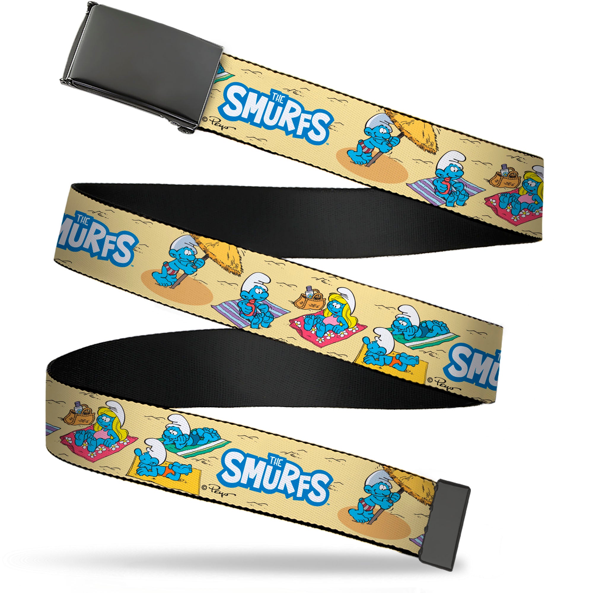 Web Belt Blank Black Buckle - THE SMURFS Beach Day Fun Scene and Title Logo Webbing Web Belts The Smurfs