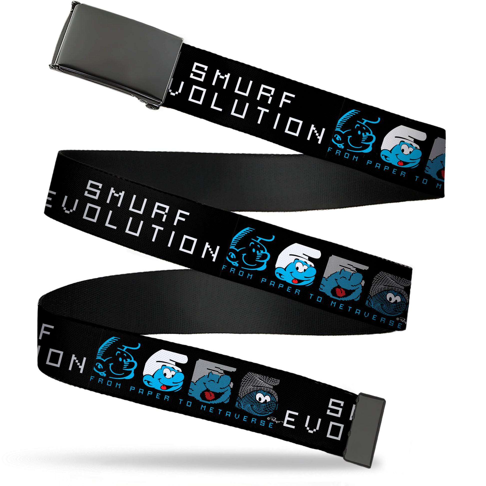 Web Belt Blank Black Buckle - SMURF EVOLUTION FROM PAPER TO METAVERSE Smiling Face Black/White/Blues Webbing Web Belts The Smurfs