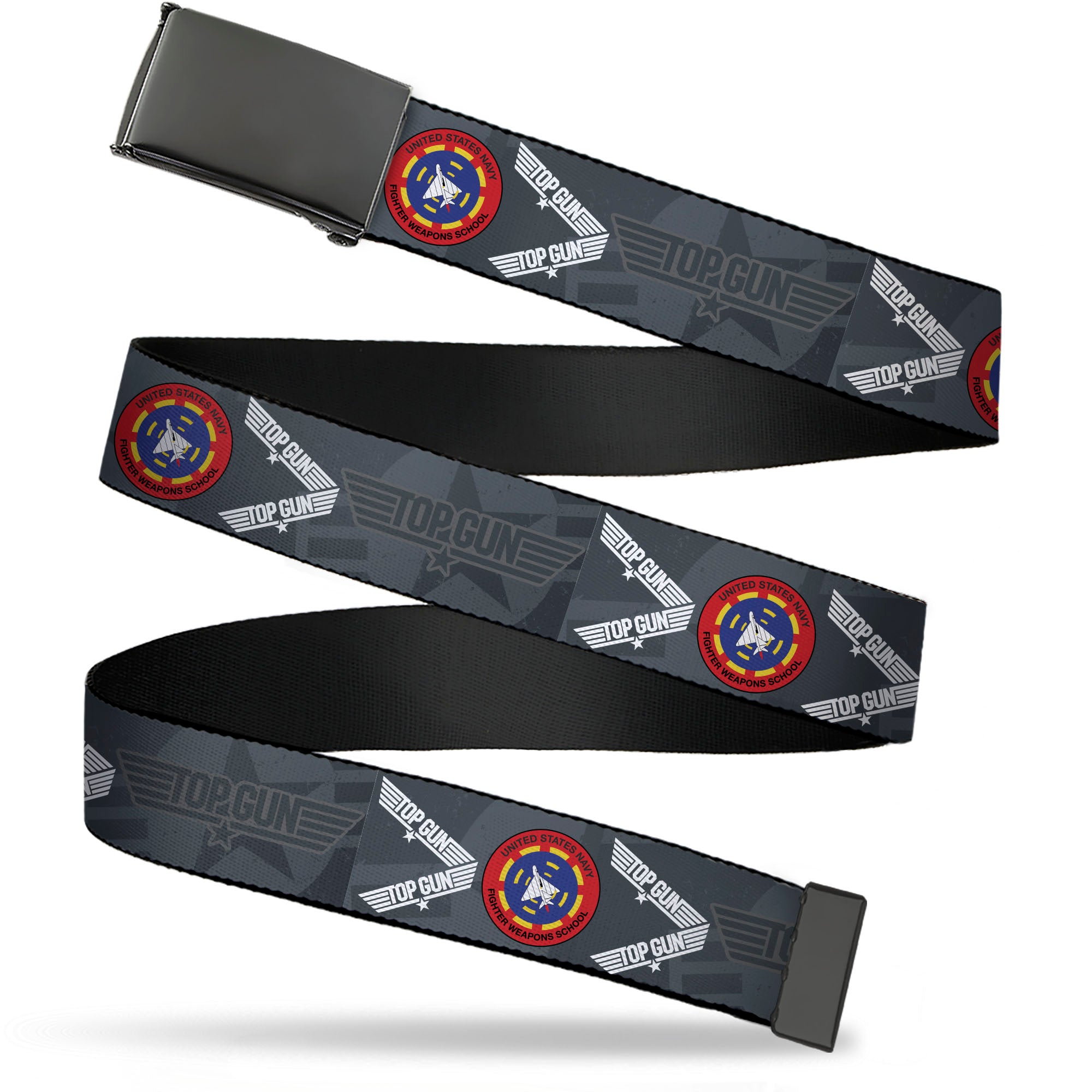 Web Belt Blank Black Buckle - TOP GUN USN FIGHTER WEAPONS SCHOOL Patch Logo Grays Webbing