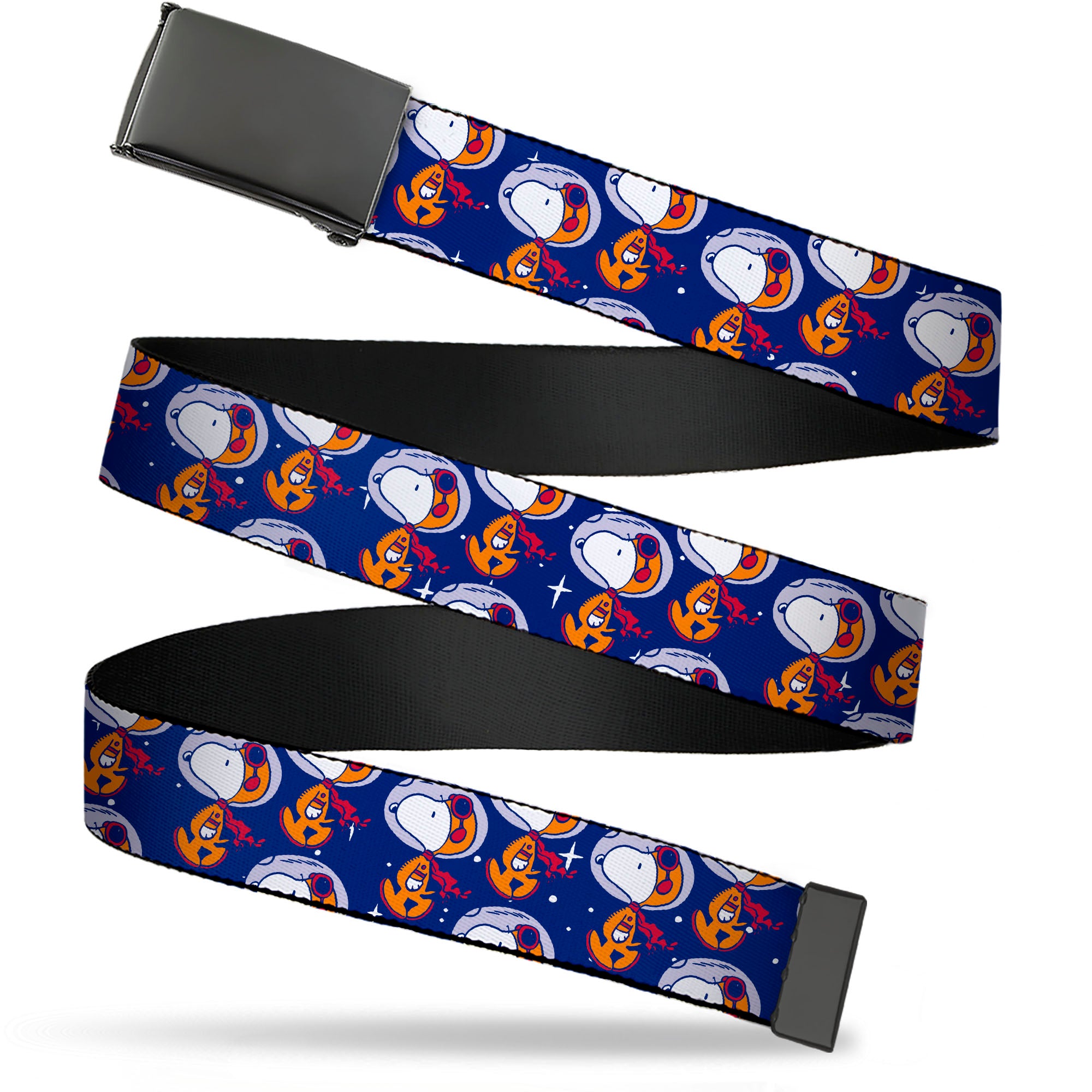 Web Belt Blank Black Buckle - Peanuts Astronaut Snoopy Walking Pose Scattered Blue/Orange Webbing Web Belts Peanuts