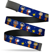 Web Belt Blank Black Buckle - Peanuts Gang Astronauts Standing Poses Stars Blue/White Webbing Web Belts Peanuts