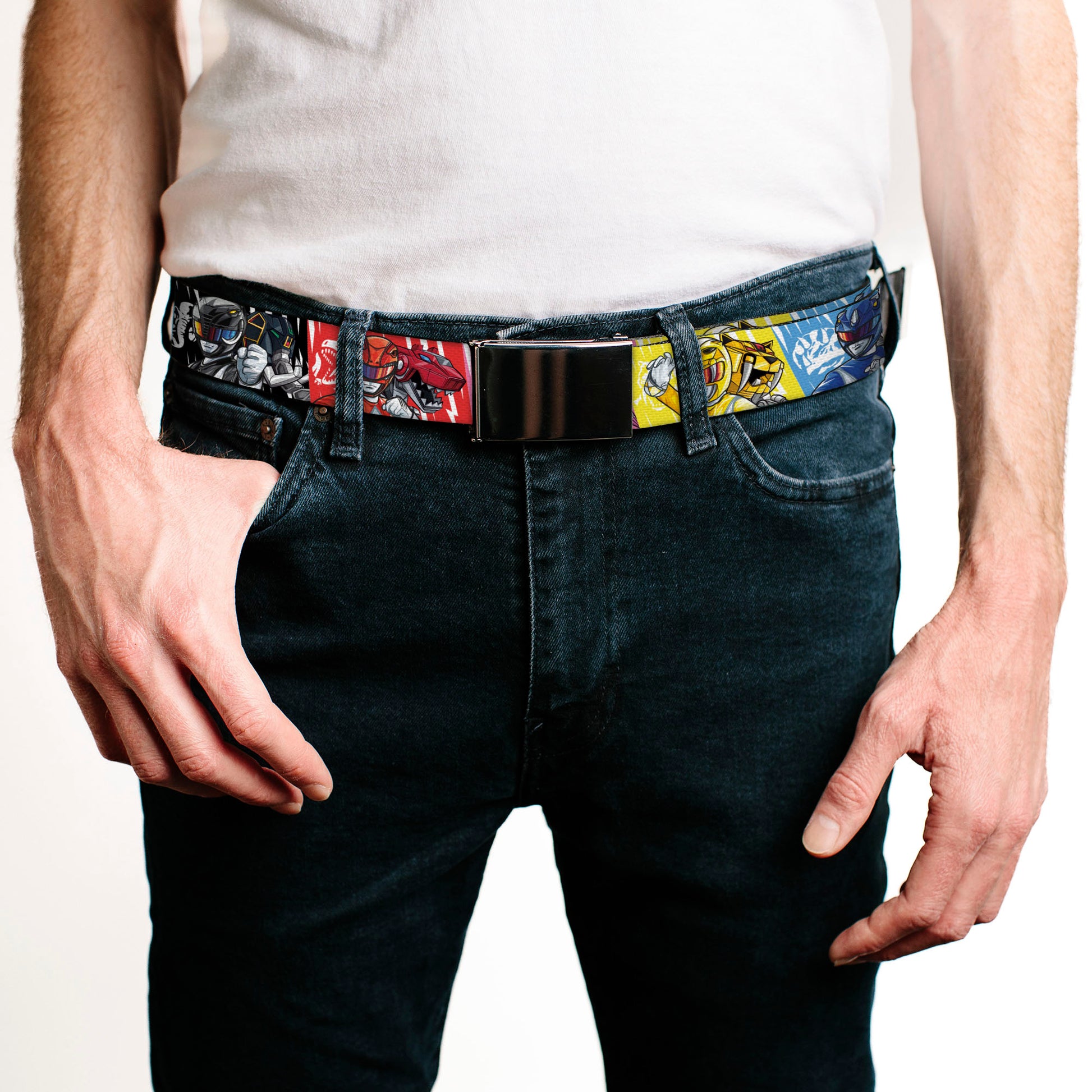 Web Belt Clamp Buckle - Power Rangers Pose with Zord and Icon Blocks Multi Color Webbing Web Belts Power Rangers