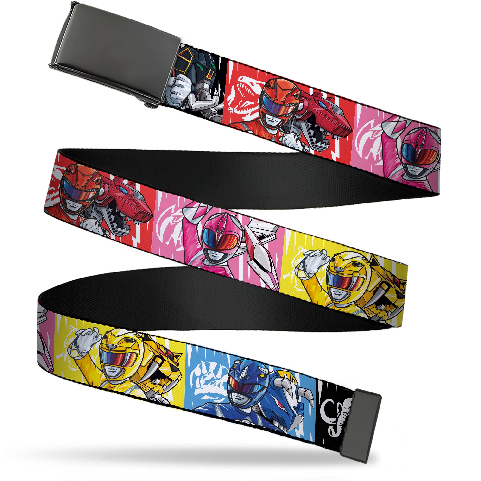 Web Belt Clamp Buckle - Power Rangers Pose with Zord and Icon Blocks Multi Color Webbing Web Belts Power Rangers