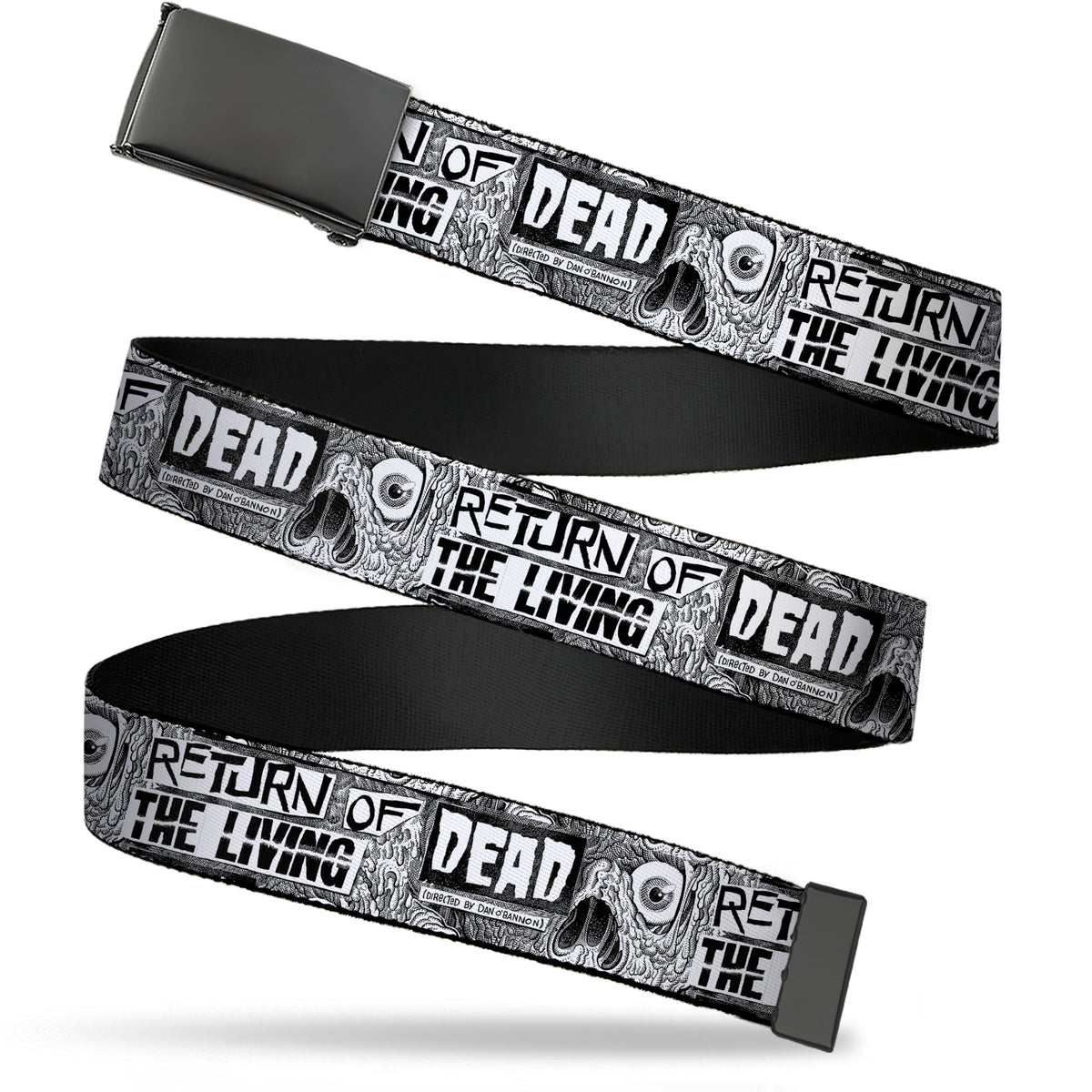 Web Belt Blank Black Buckle - RETURN OF THE LIVING DEAD Text Blocks and Zombie Eye White/Black Webbing Web Belts Living Dead Media LLC