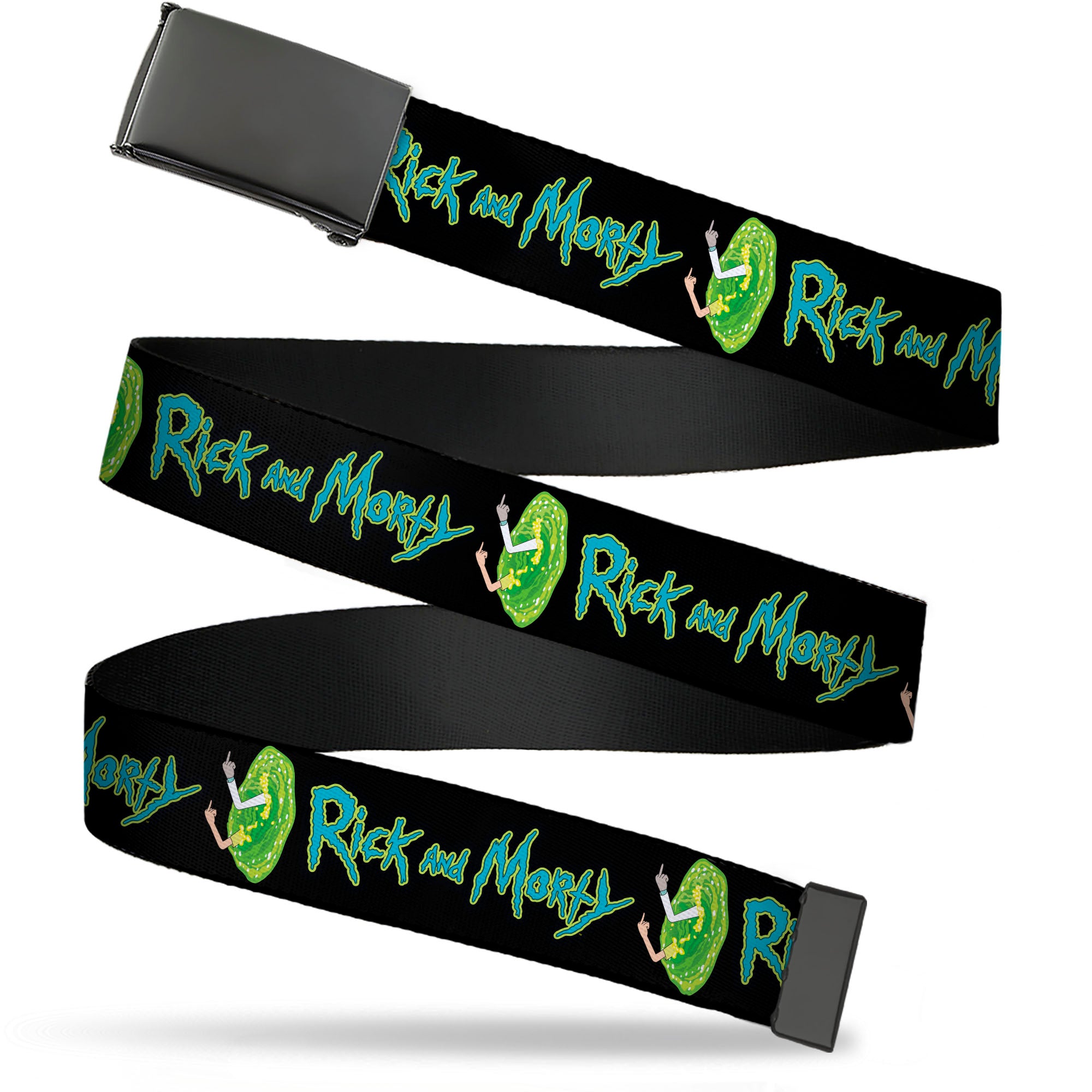 Web Belt Blank Black Buckle - RICK AND MORTY Title Logo and Middle Finger Portal Jump Black Webbing Web Belts Rick and Morty