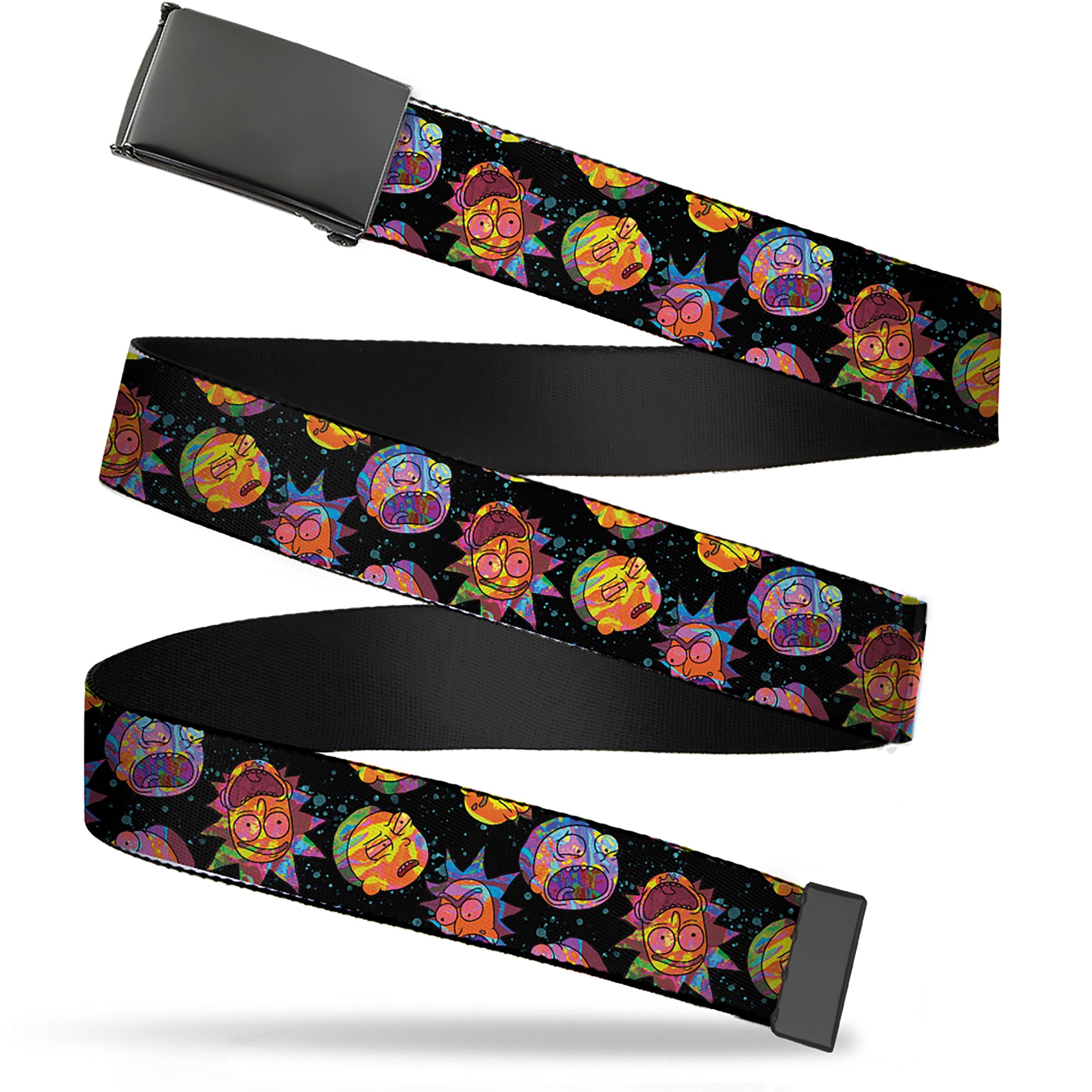 Web Belt Blank Black Buckle - Rick and Morty Vaporwave Expressions Scattered Black/Multi Color Webbing Web Belts Rick and Morty   