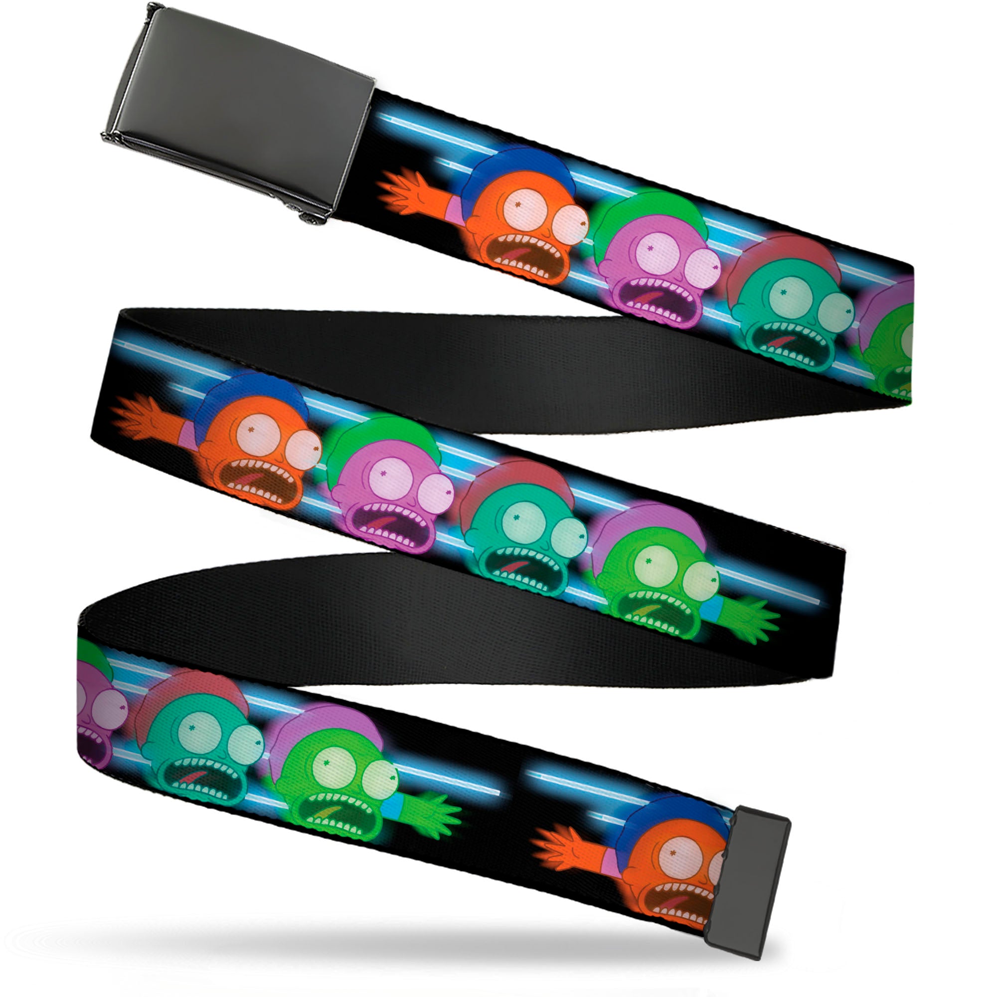 Web Belt Blank Black Buckle - Morty Screaming Face Black/Multi Color Webbing Web Belts Rick and Morty