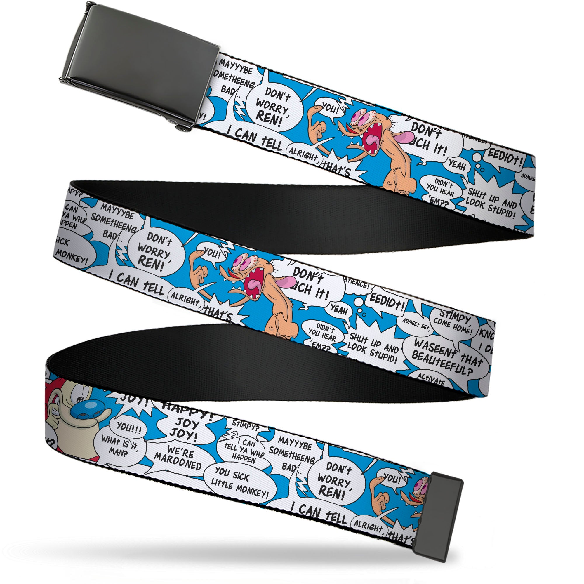 Web Belt Blank Black Buckle - Ren and Stimpy Pose and Quote Bubbles Stacked Blue Webbing Web Belts Ren and Stimpy