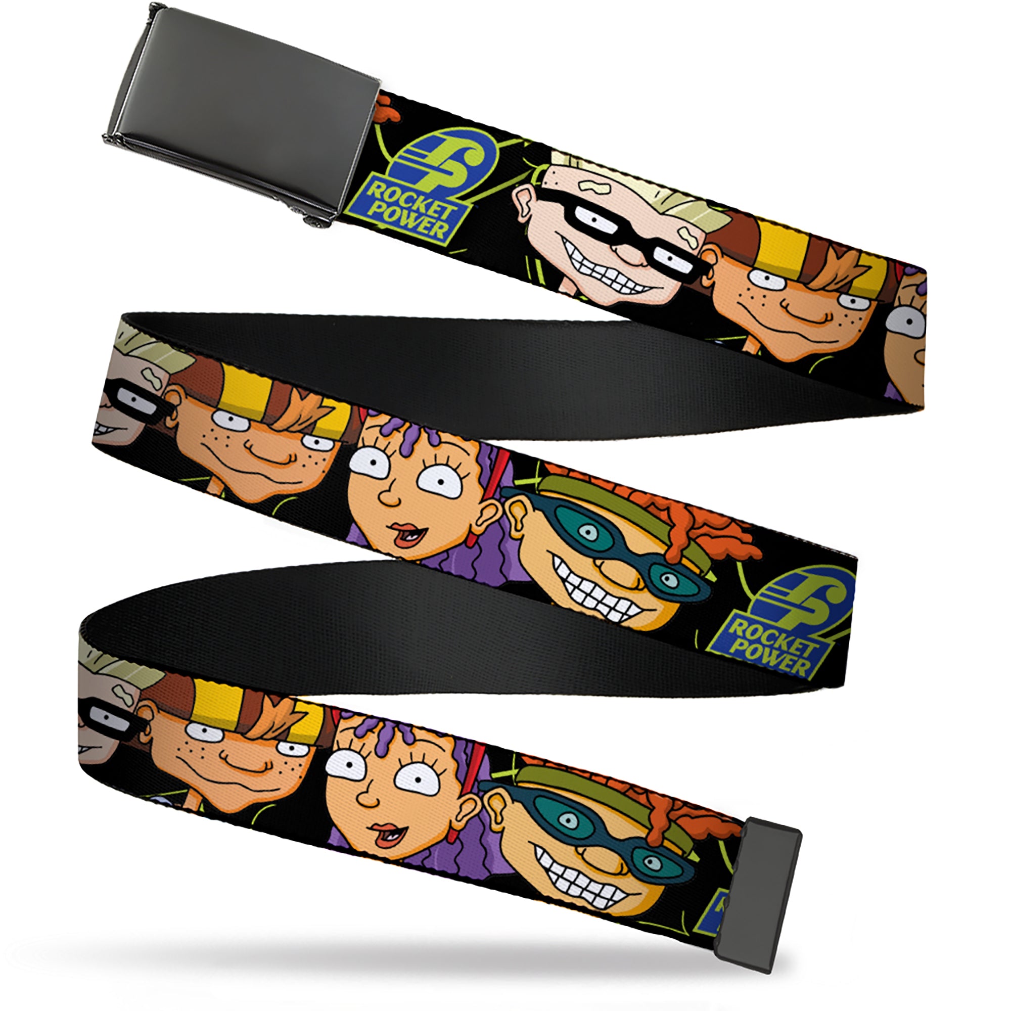 Web Belt Blank Black Buckle - ROCKET POWER RP Logo/4-Character Faces CLOSE-UP Black/Green/Blue Webbing Web Belts Rocket Power