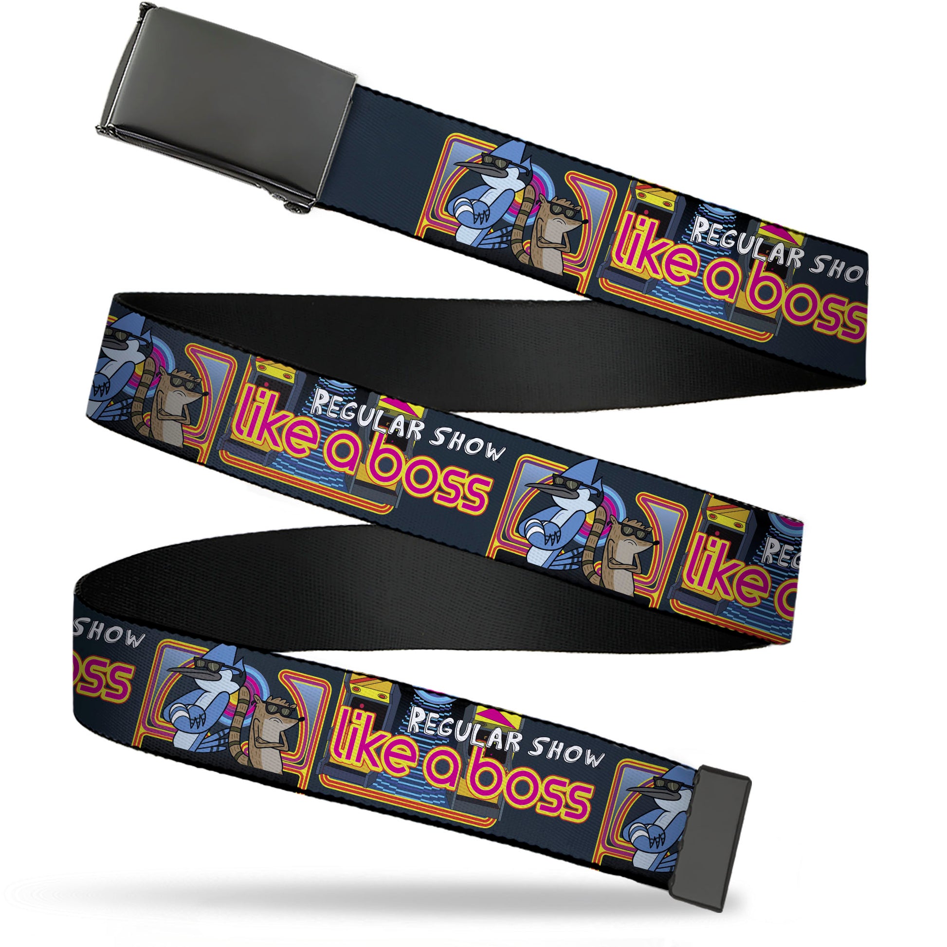 Web Belt Blank Black Buckle - REGULAR SHOW Mordecai and Rigby LIKE A BOSS Pose Multi Color Webbing Web Belts Regular Show