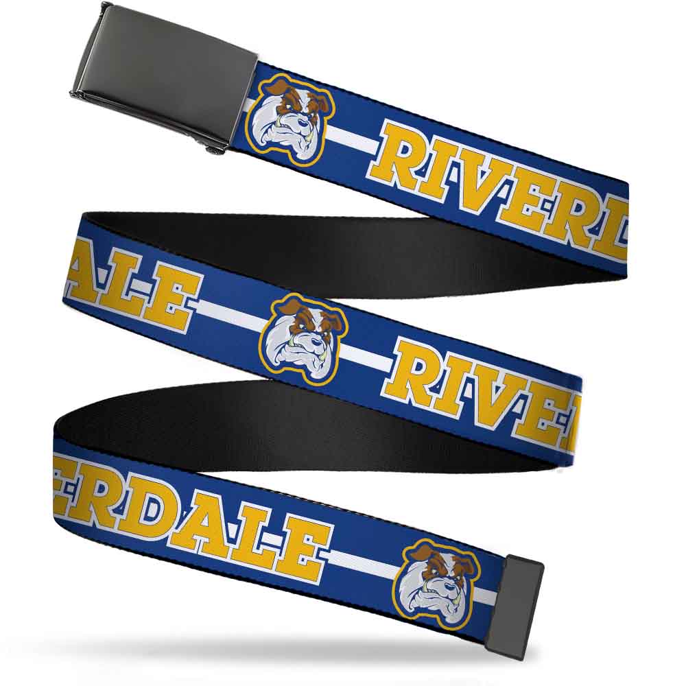 Black Buckle Web Belt - RIVERDALE/Bulldog Mascot Stripe Blue/White/Yellow Webbing Web Belts Riverdale