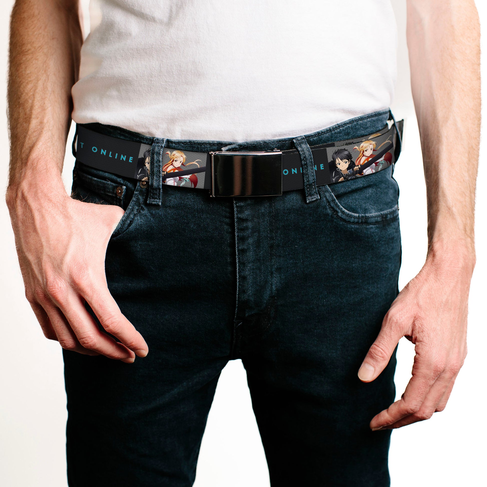 Web Belt Blank Black Buckle - SWORD ART ONLINE Kirito and Asuna Swords Pose and Title Logo Black Webbing Web Belts Sword Art Online