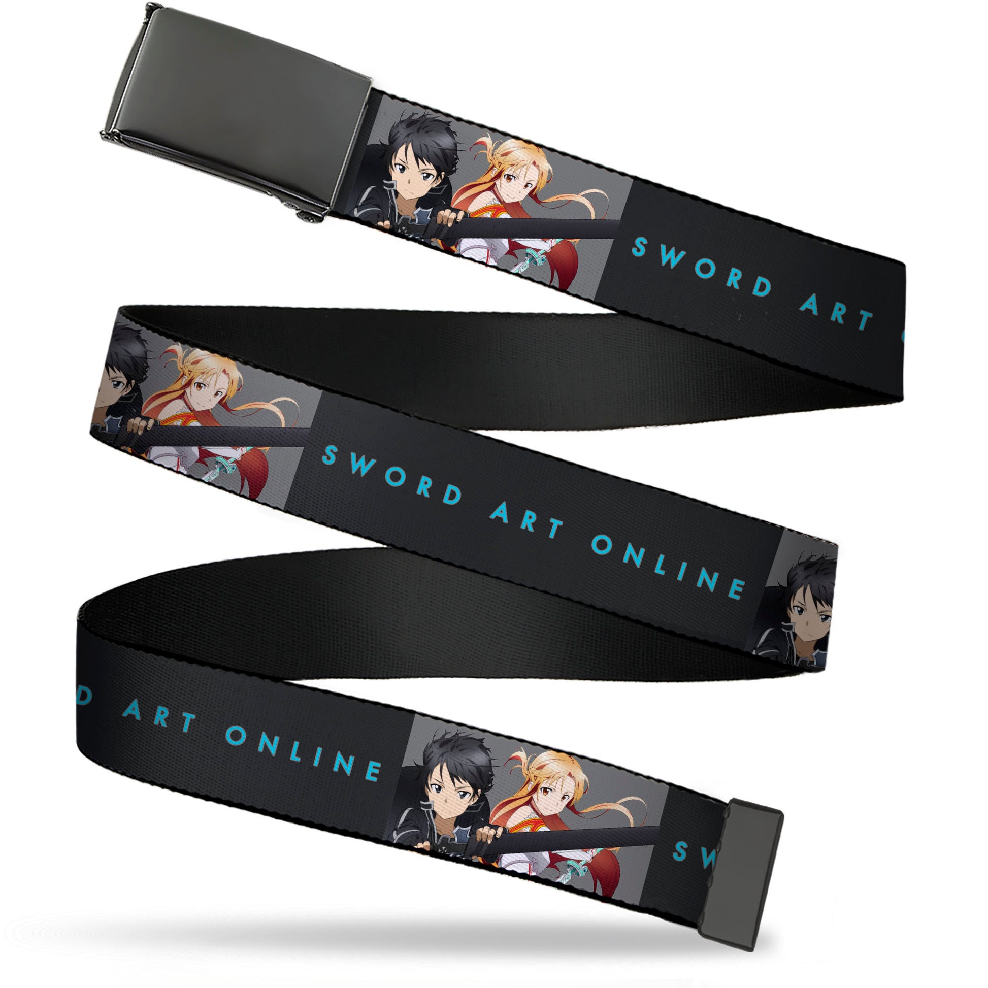 Web Belt Blank Black Buckle - SWORD ART ONLINE Kirito and Asuna Swords Pose and Title Logo Black Webbing Web Belts Sword Art Online