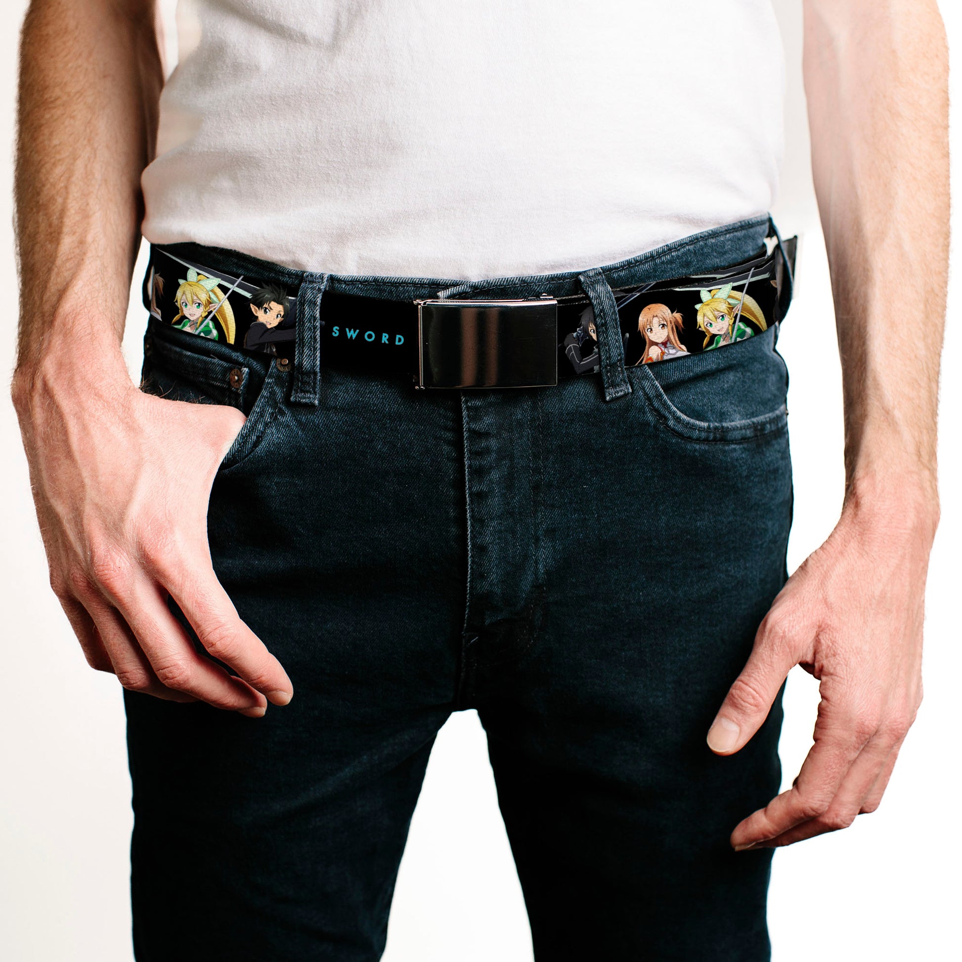 Web Belt Blank Black Buckle - SWORD ART ONLINE Four Character Swords Group Pose and Title Logo Black Webbing Web Belts Sword Art Online